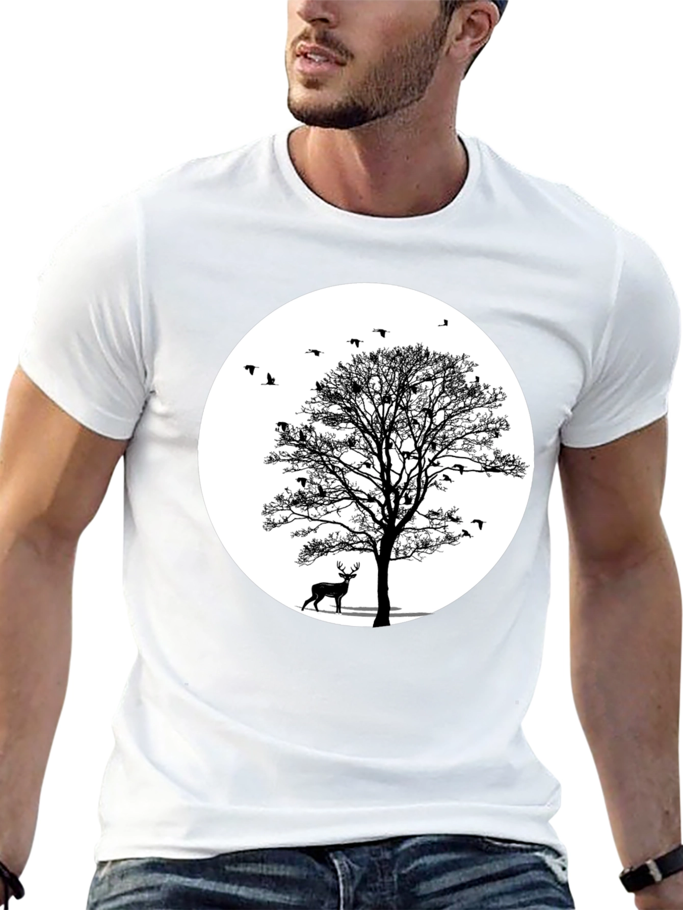 Nature Scene Graphic Tee - Deer and Birds