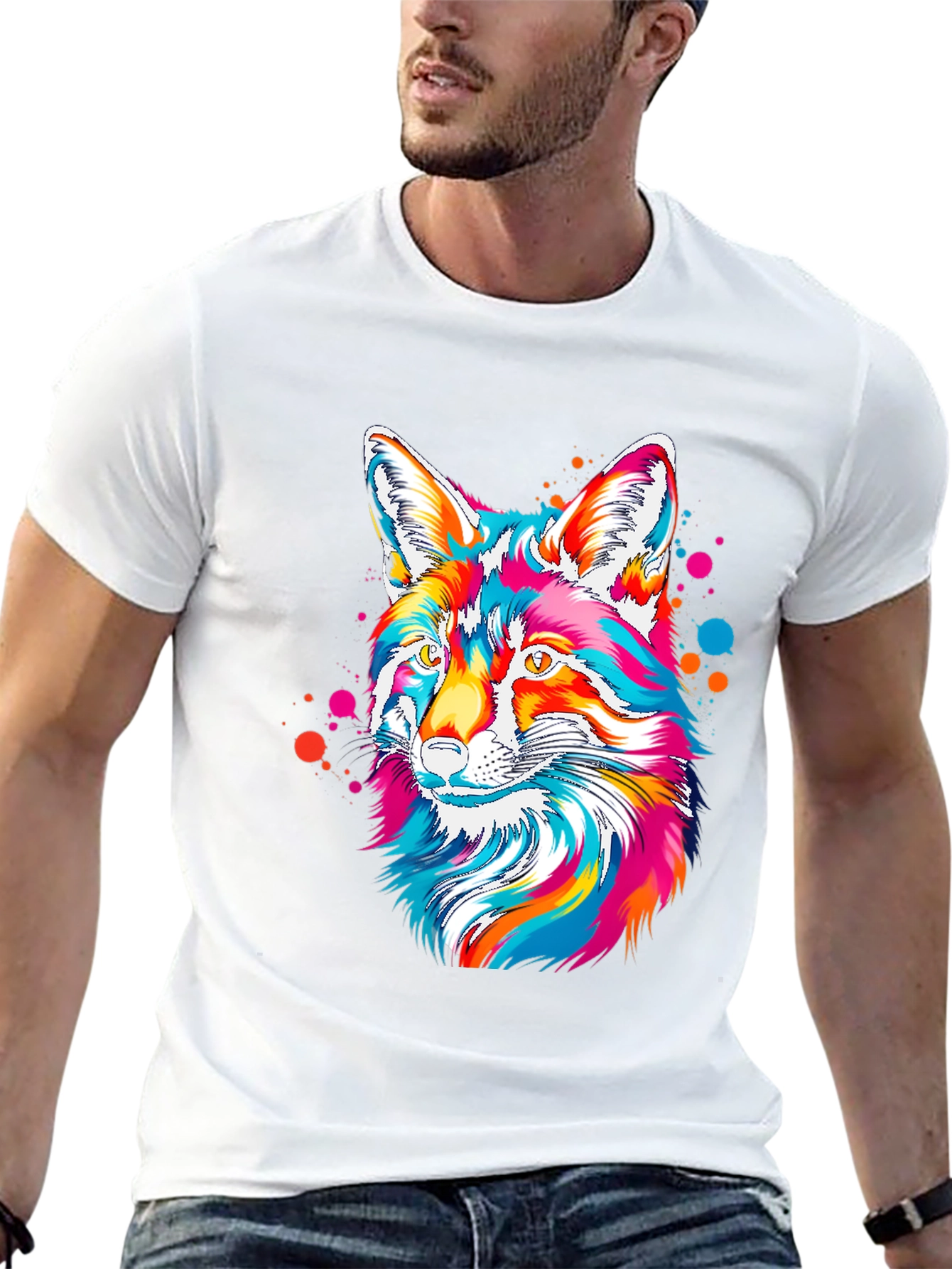 Vibrant Fox Graphic Tee - Artistic Crew Neck T-Shirt