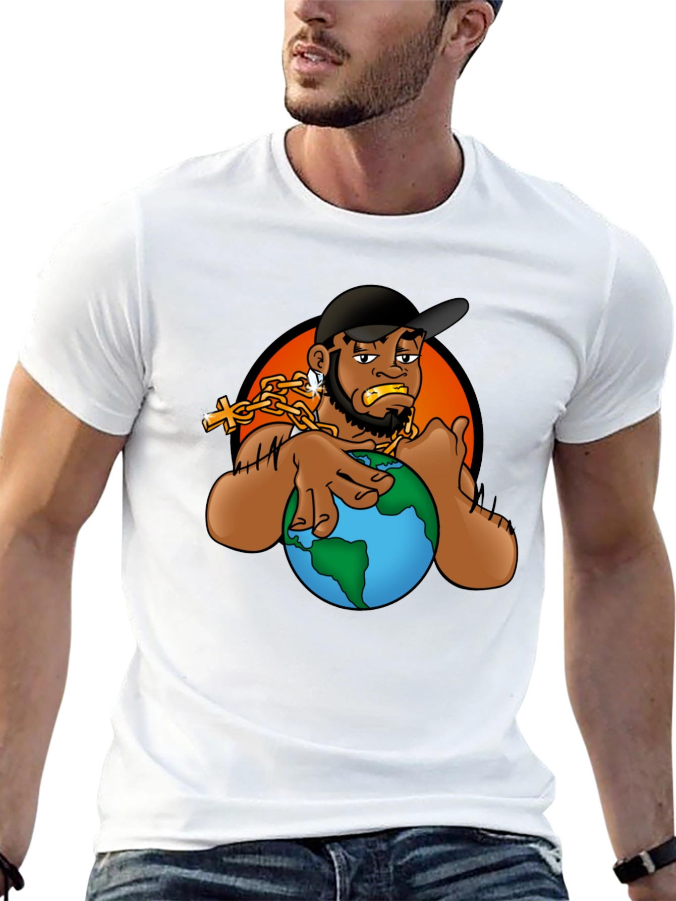 Cartoon Graphic T-Shirt - Man Holding Globe