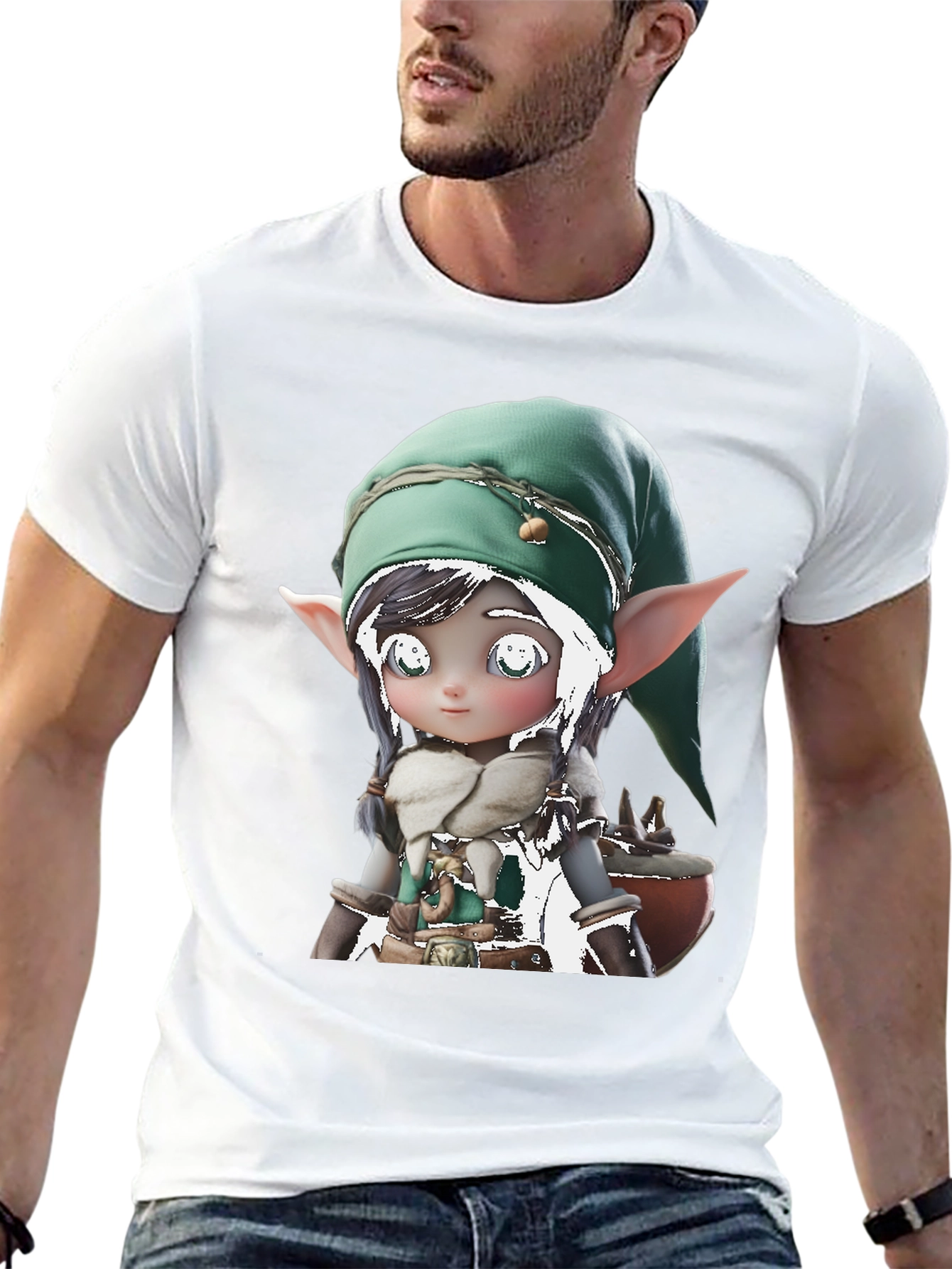 Cute Elf Graphic Tee - Black Cotton Blend