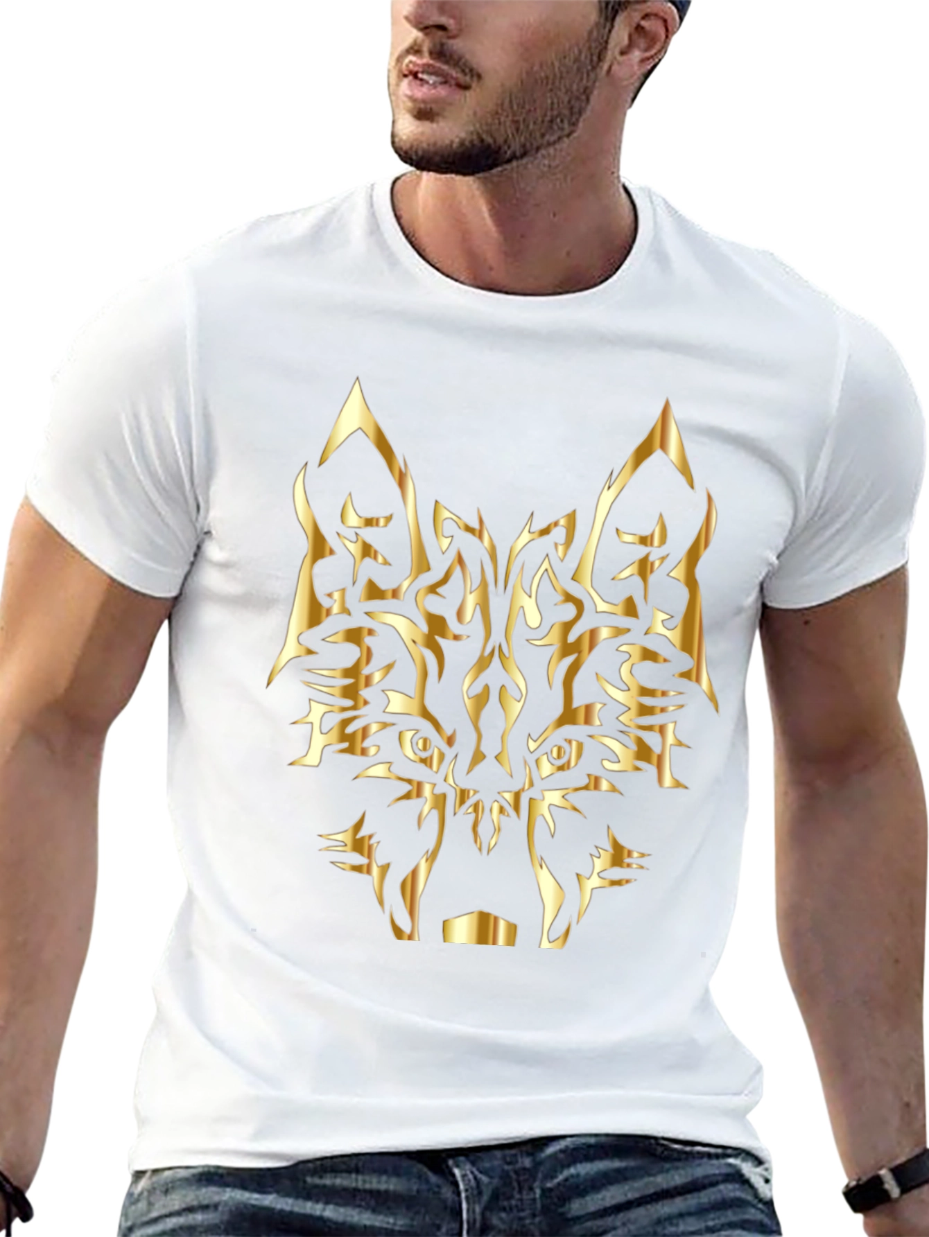 Black T-Shirt with Golden Wolf Design