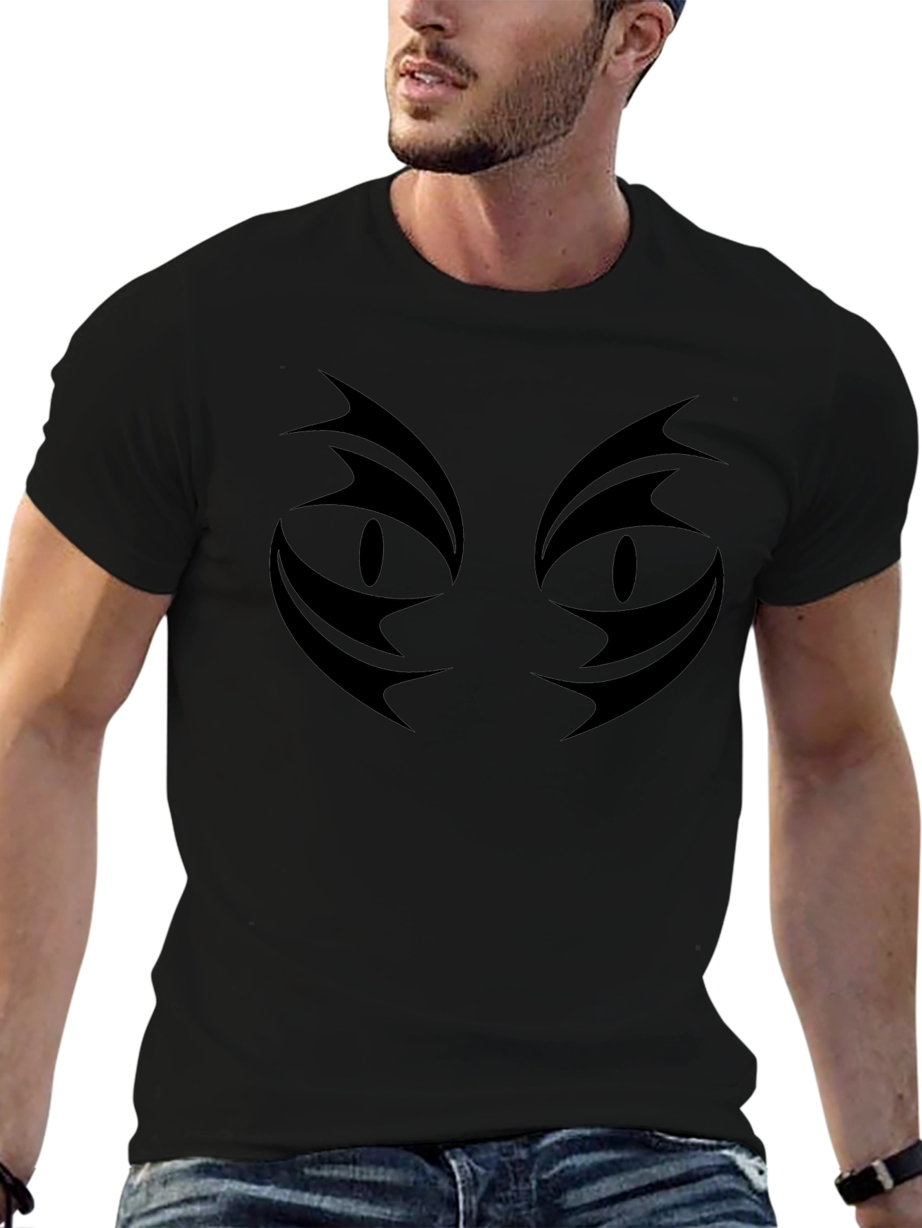 Mens Black T-Shirt with Cat Eyes Graphic