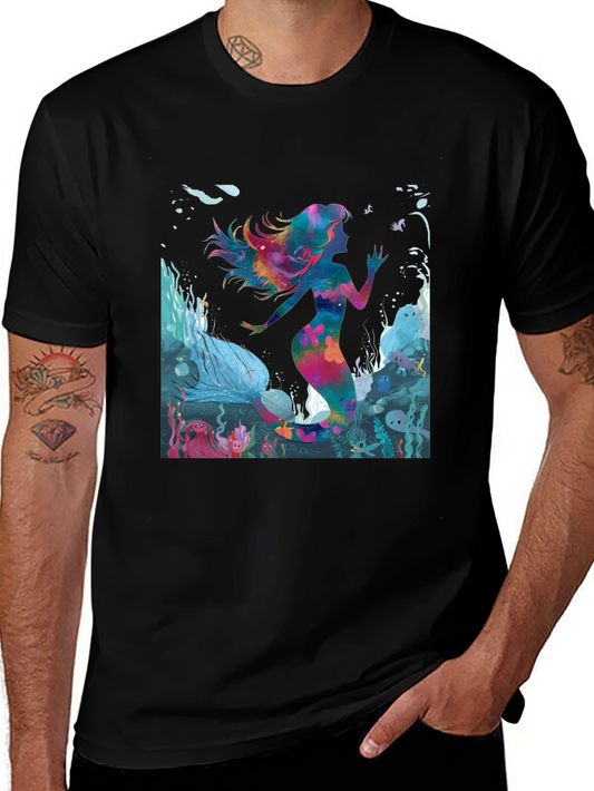 Watercolor Mermaid Graphic Black T-Shirt
