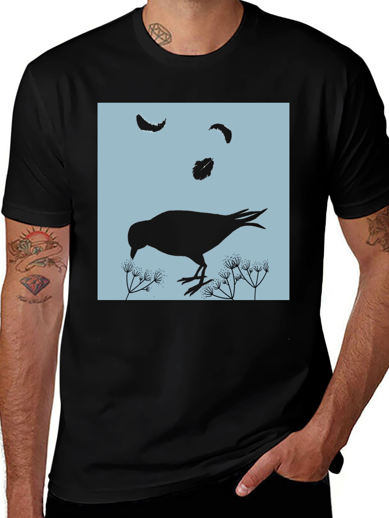 Bird and Feather Graphic T-Shirt - Black