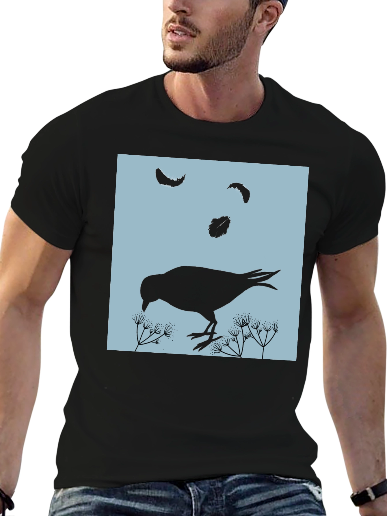Bird and Feather Graphic T-Shirt - Black