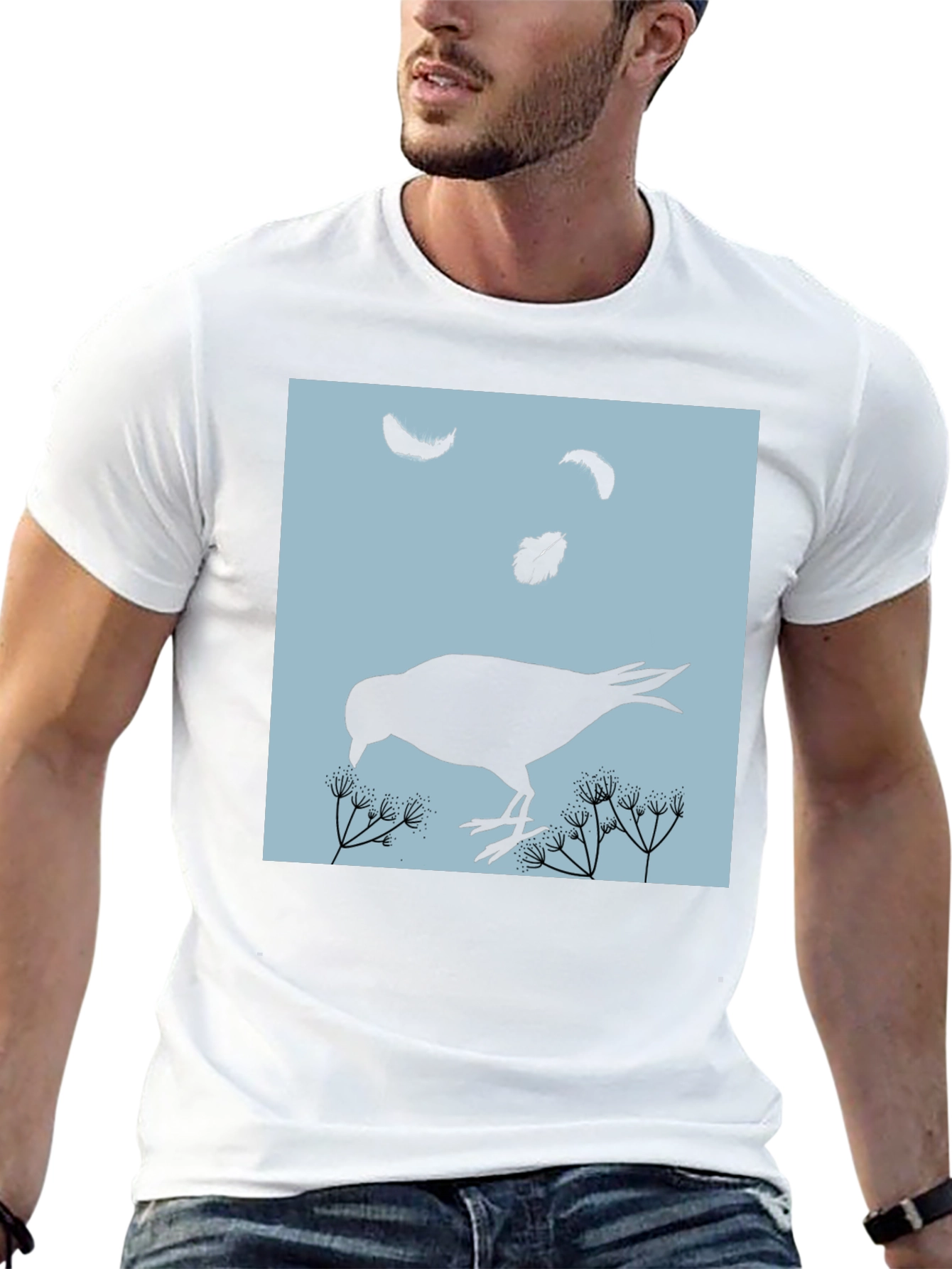 Bird and Feather Graphic T-Shirt - Black