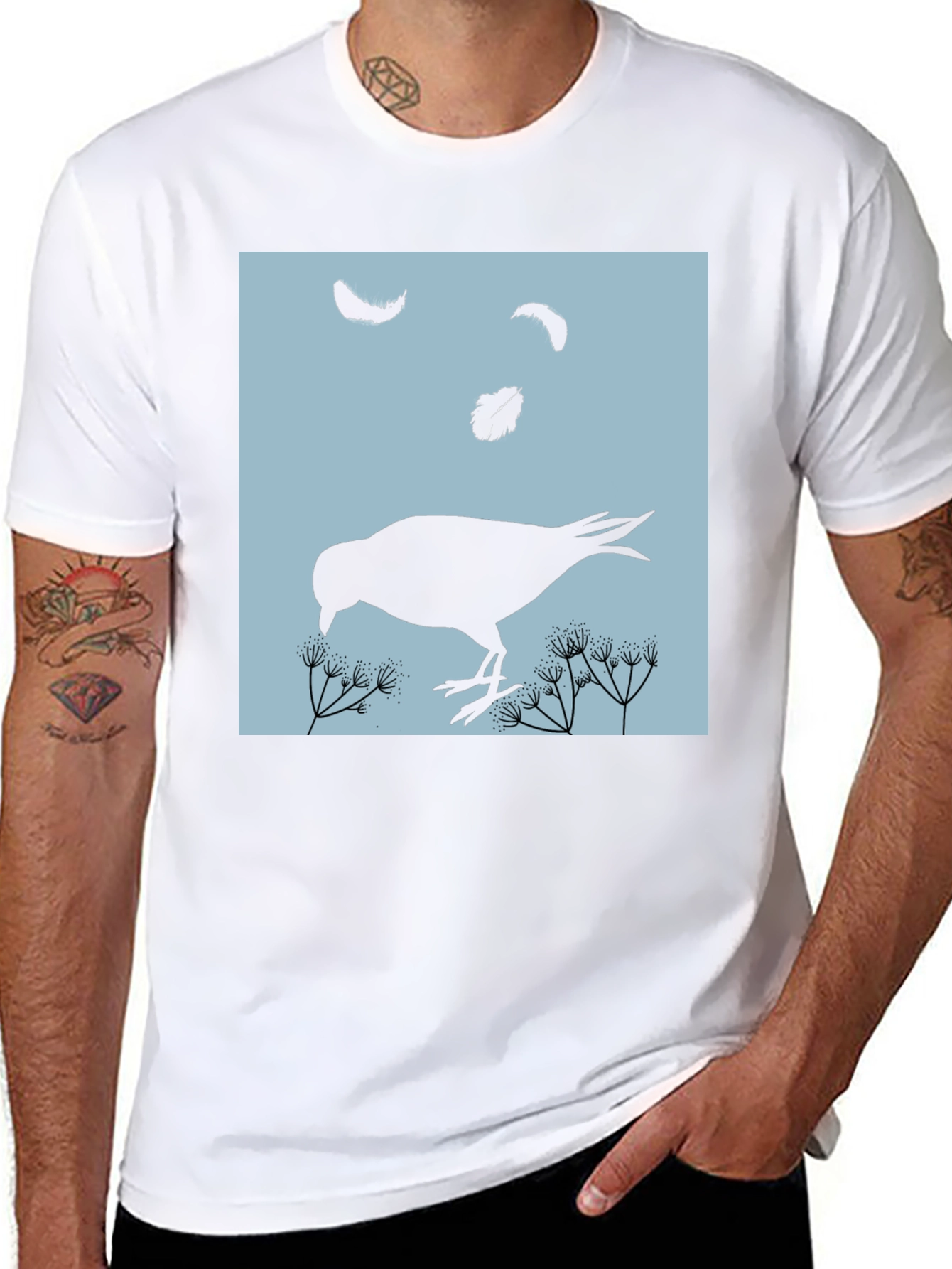 Bird and Feather Graphic T-Shirt - Black