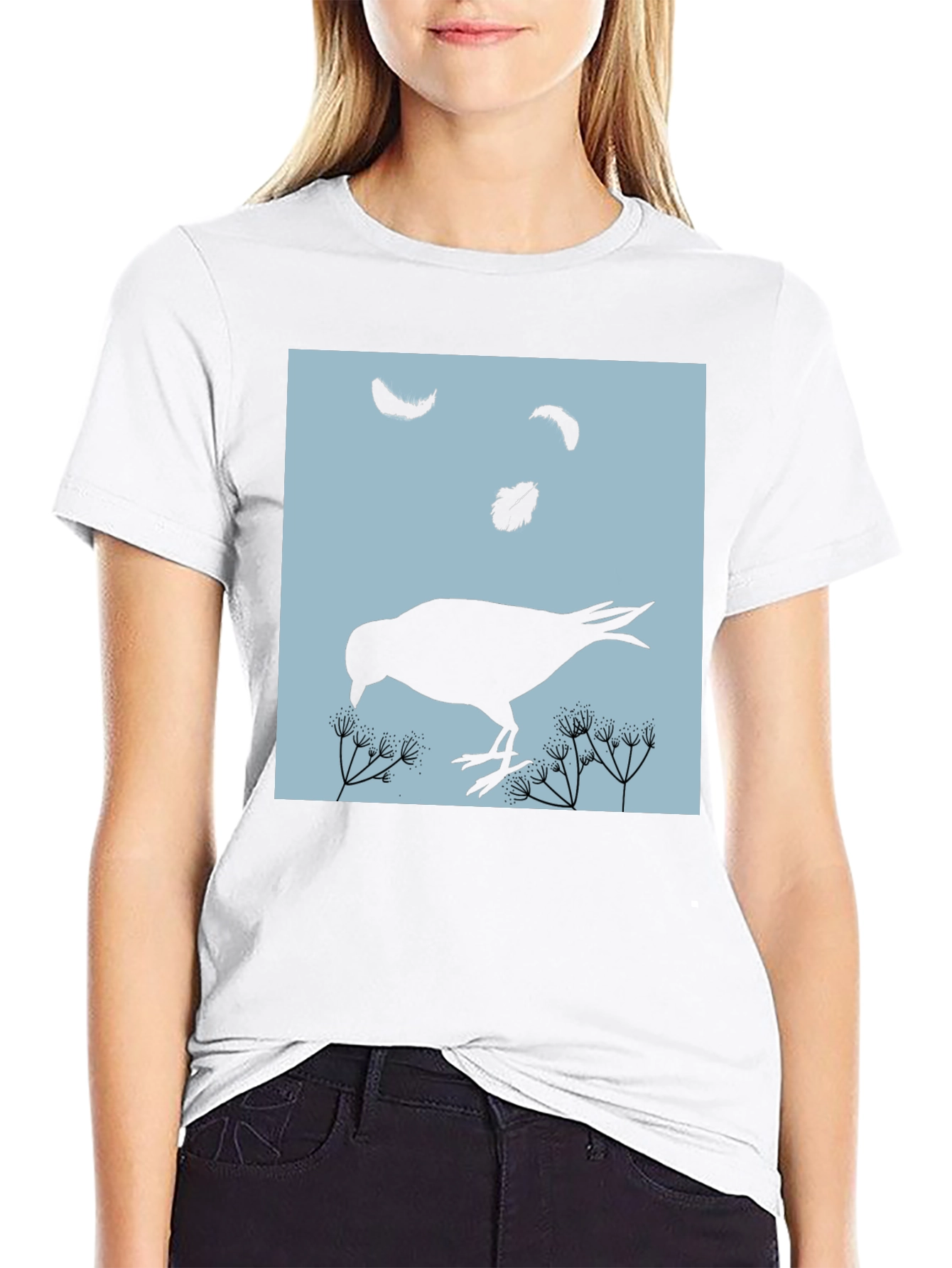 Bird and Feather Graphic T-Shirt - Black
