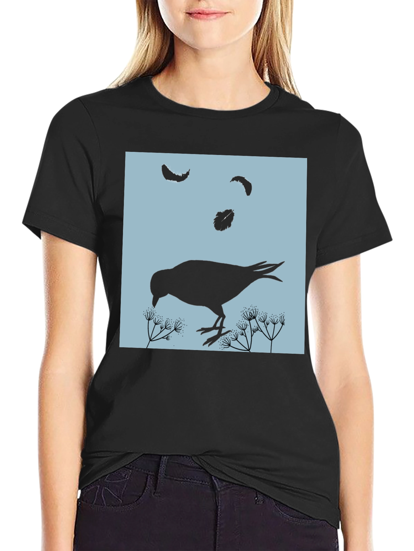 Bird and Feather Graphic T-Shirt - Black