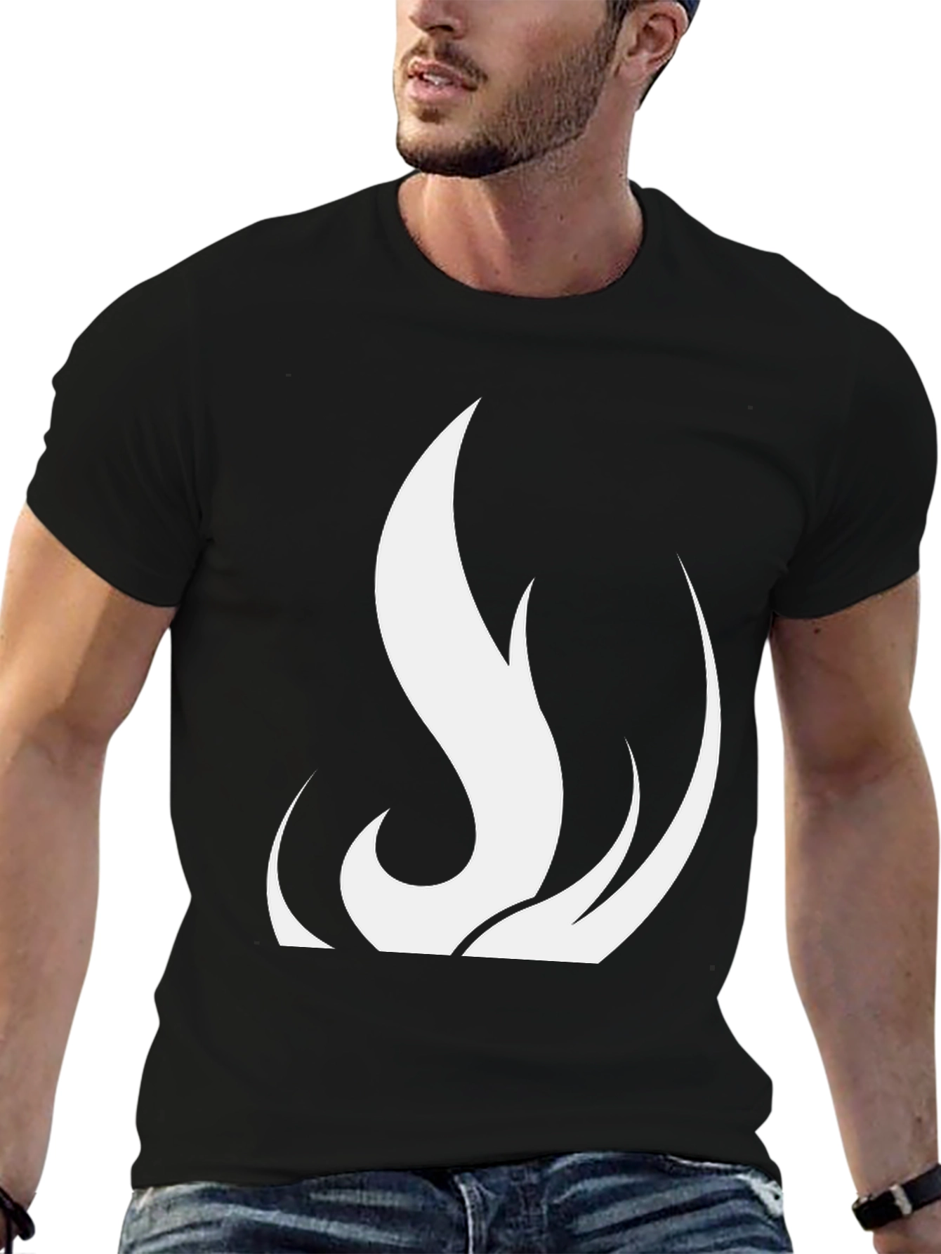 Black T-Shirt with White Flame Design