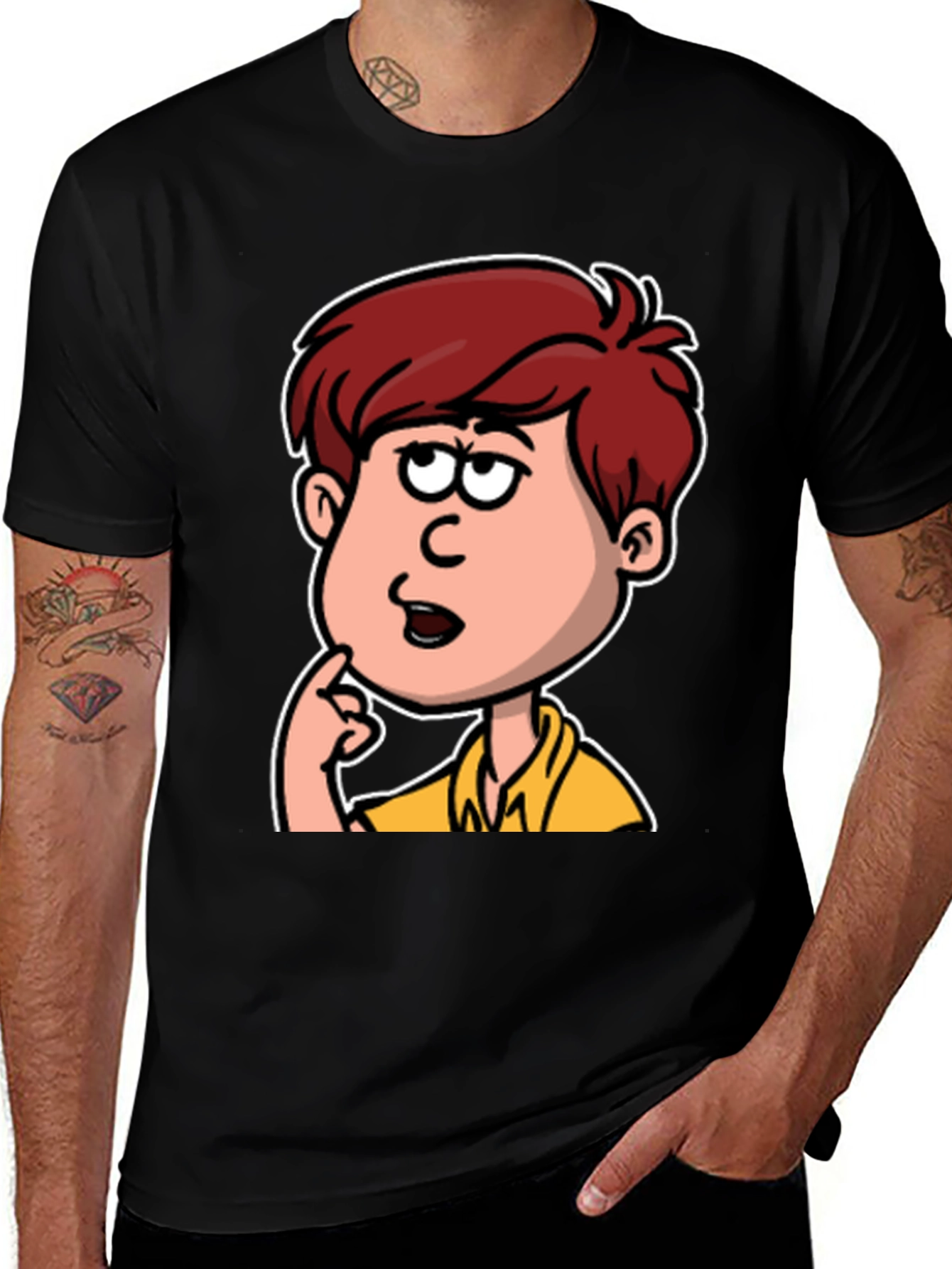Cartoon Thinker Graphic Black T-Shirt
