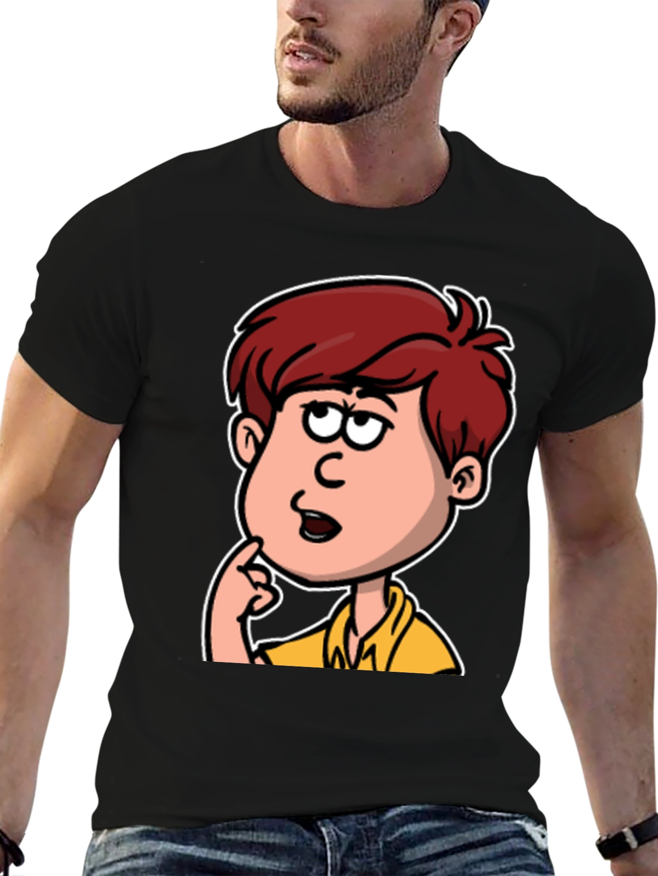 Cartoon Thinker Graphic Black T-Shirt