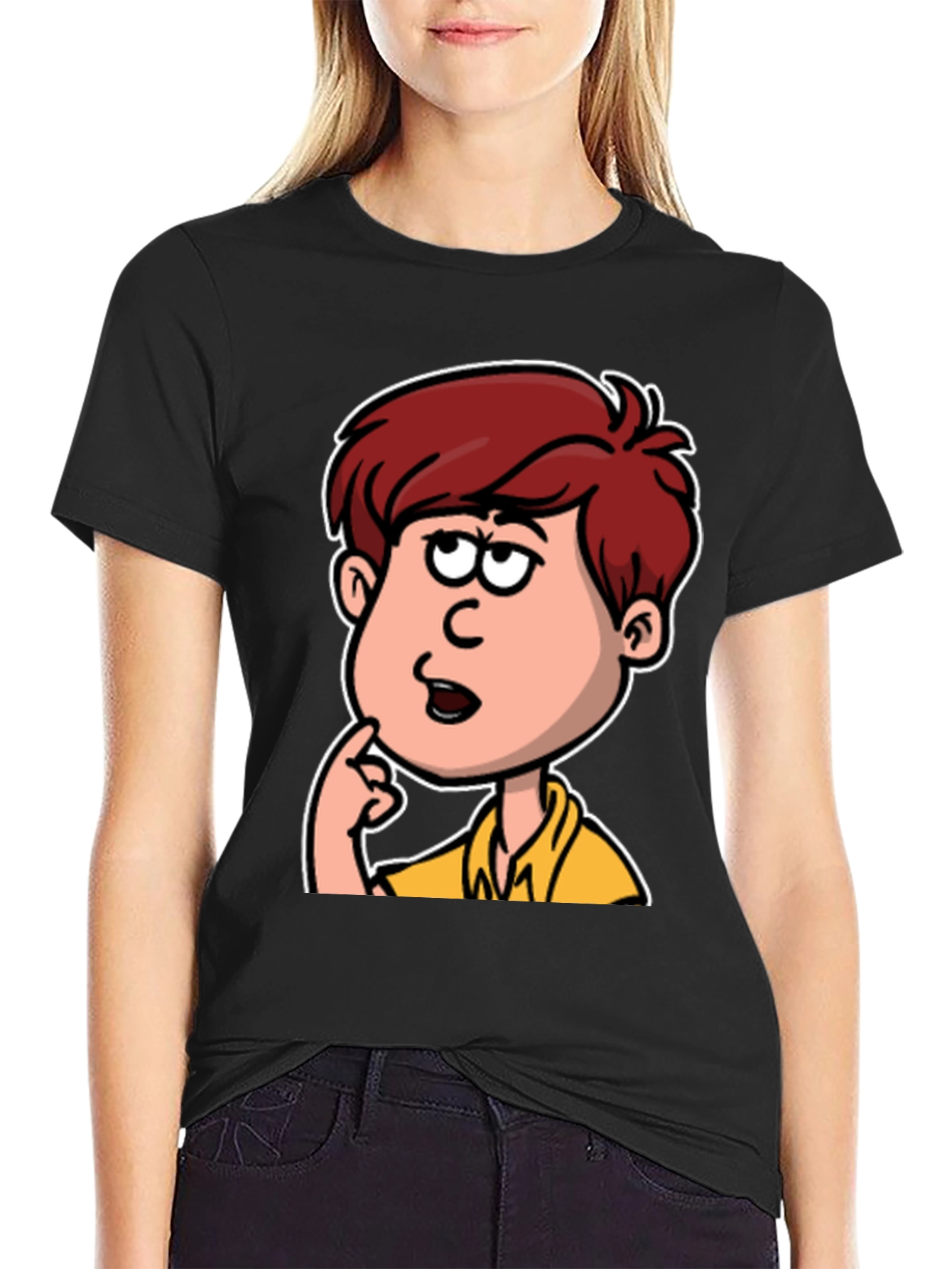 Cartoon Thinker Graphic Black T-Shirt