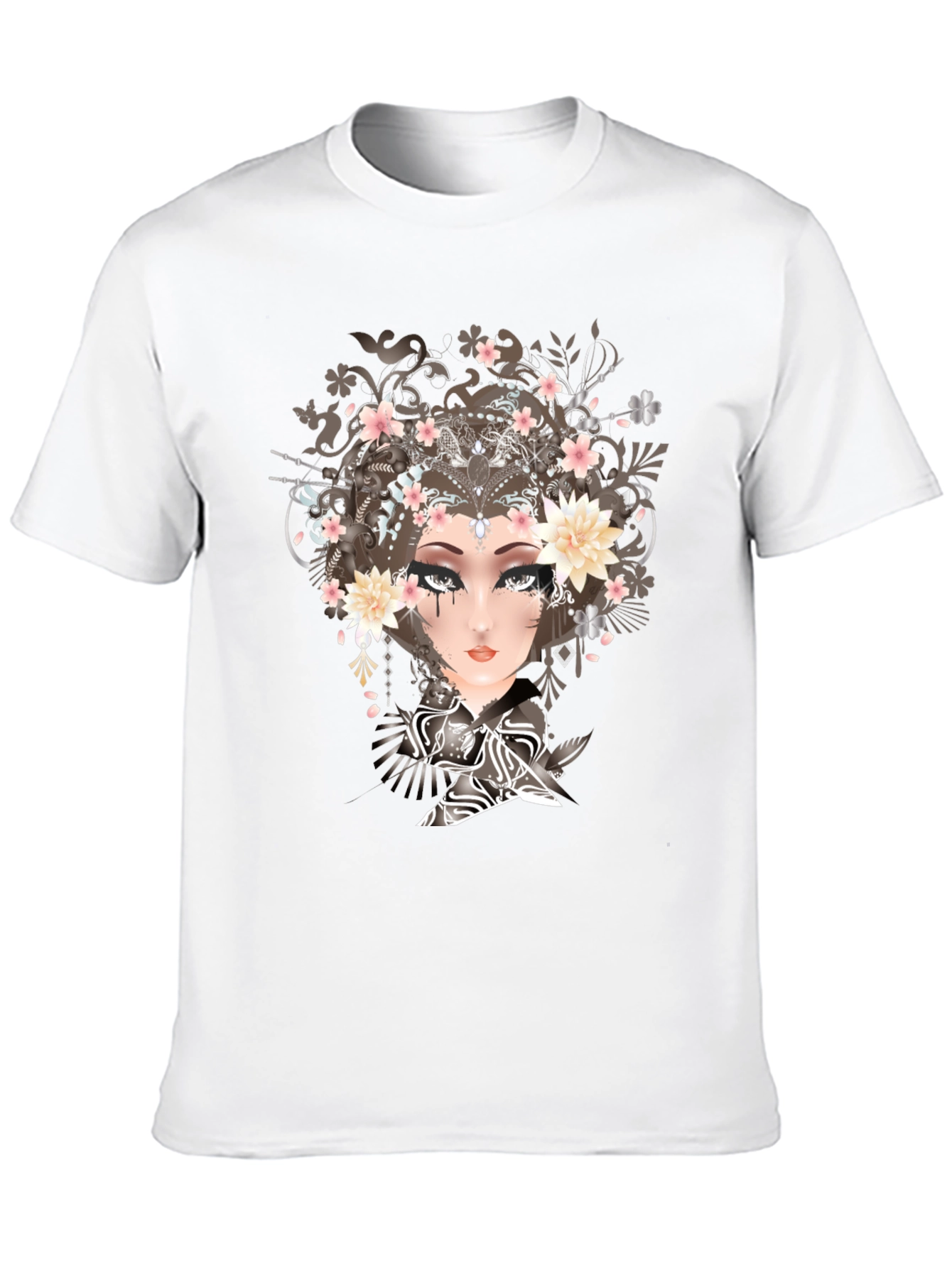 Black T-Shirt with Geisha Art Print