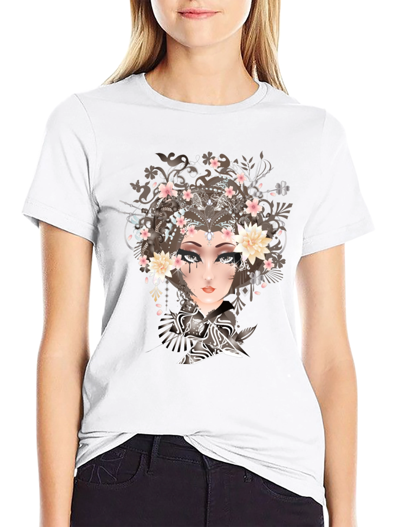 Black T-Shirt with Geisha Art Print
