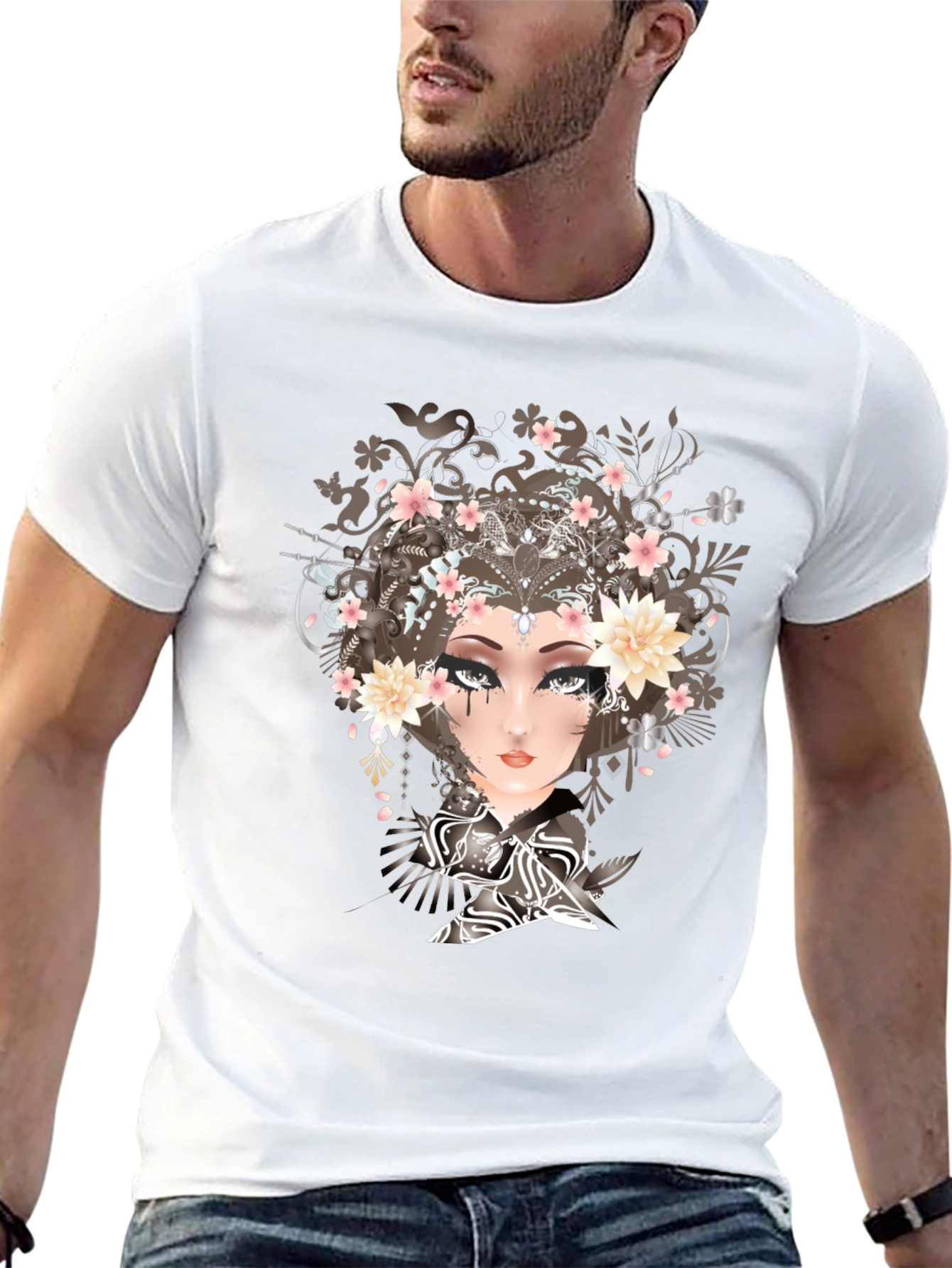 Black T-Shirt with Geisha Art Print