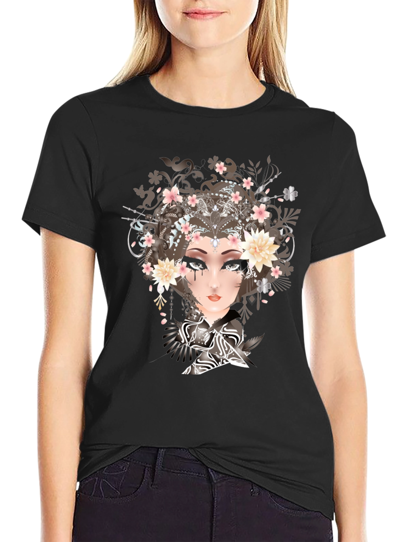 Black T-Shirt with Geisha Art Print