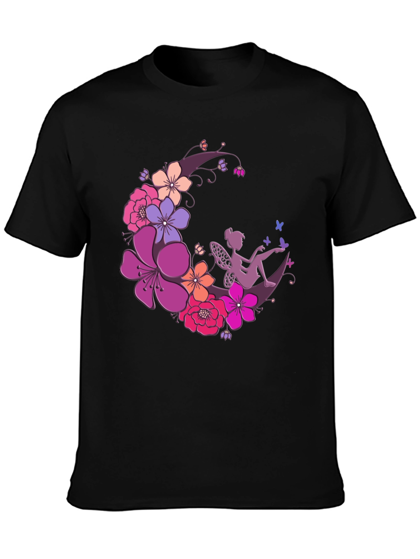 Floral Fairy Moon Black T-Shirt