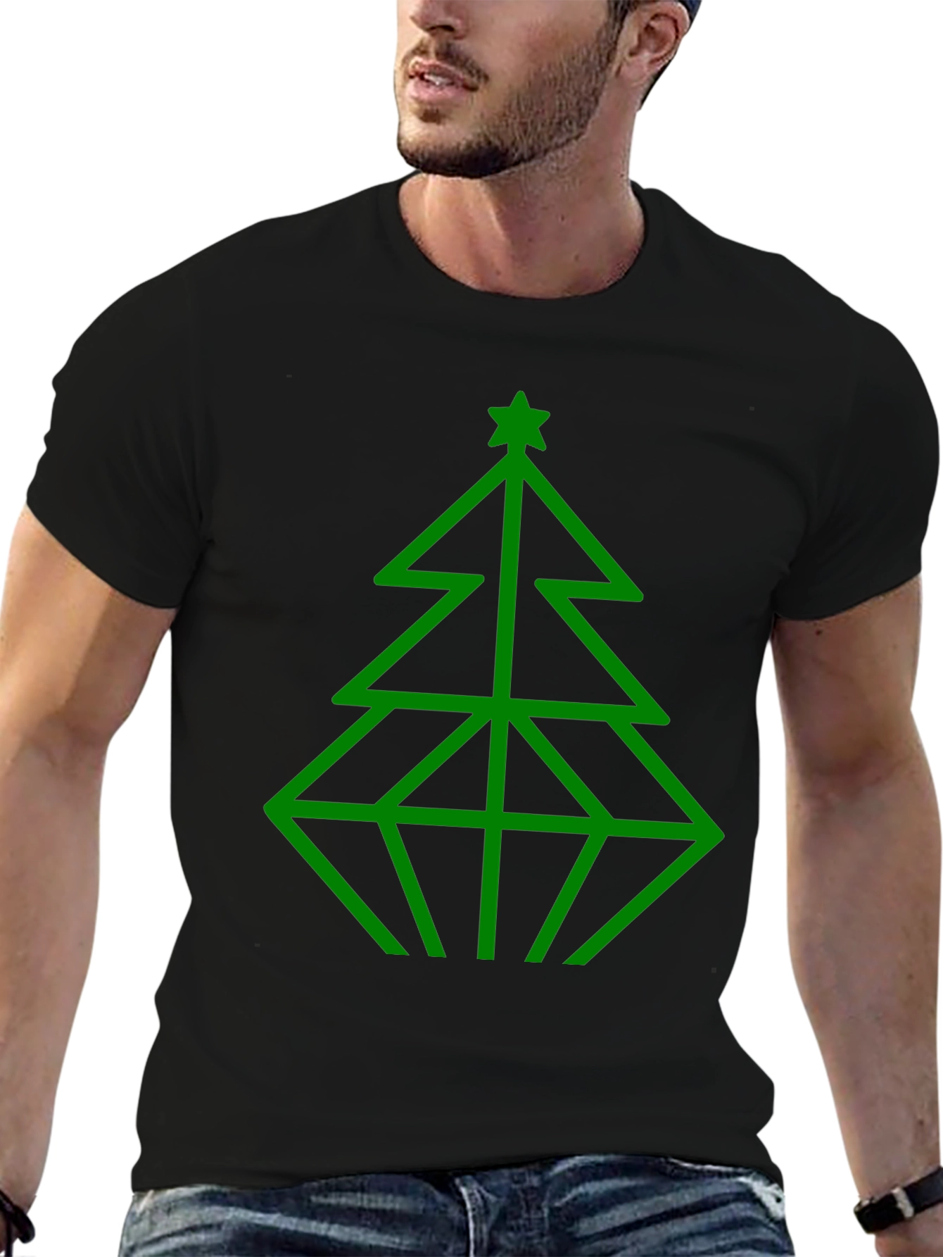 Geometric Christmas Tree Graphic Tee - Black