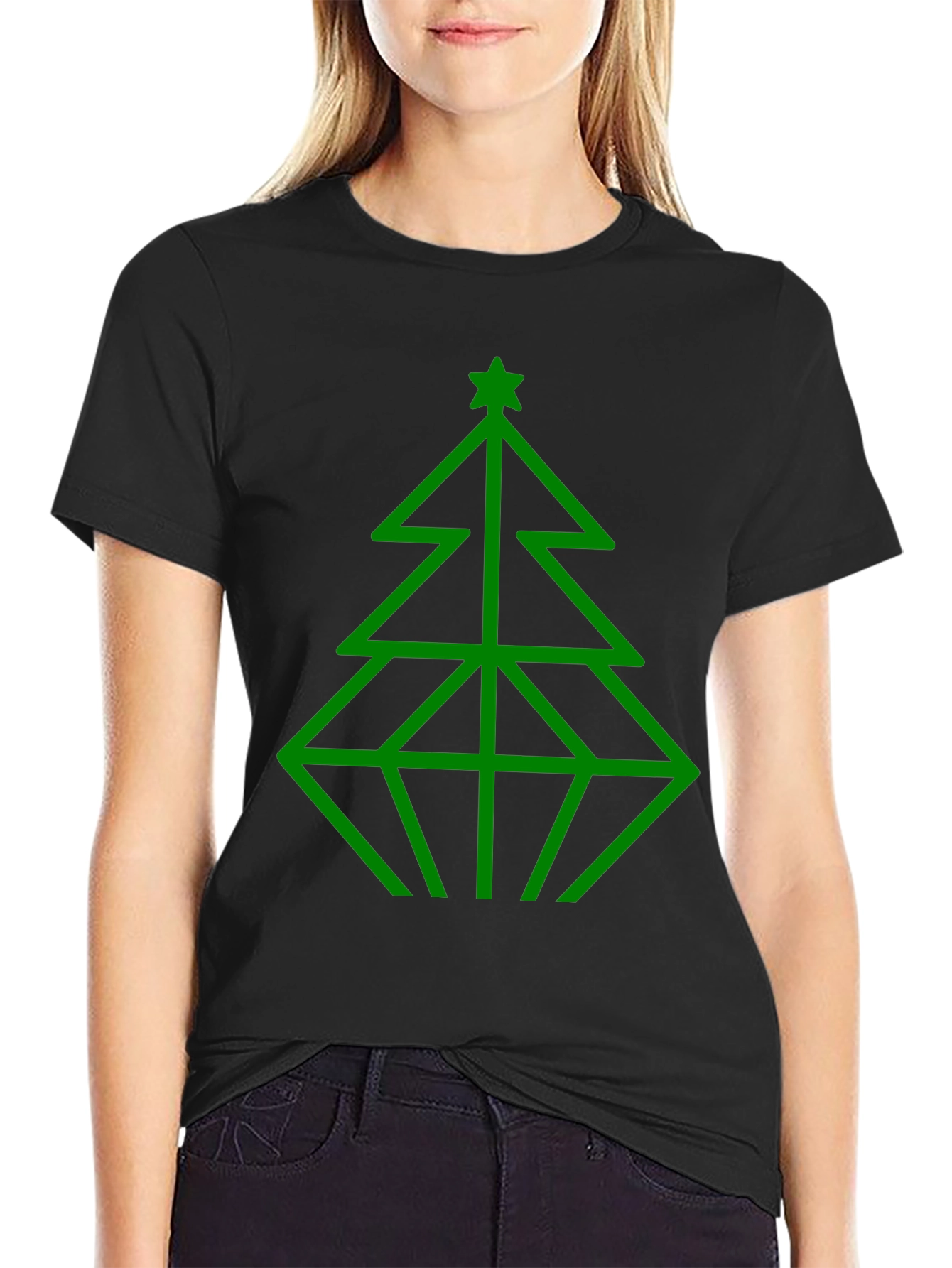 Geometric Christmas Tree Graphic Tee - Black