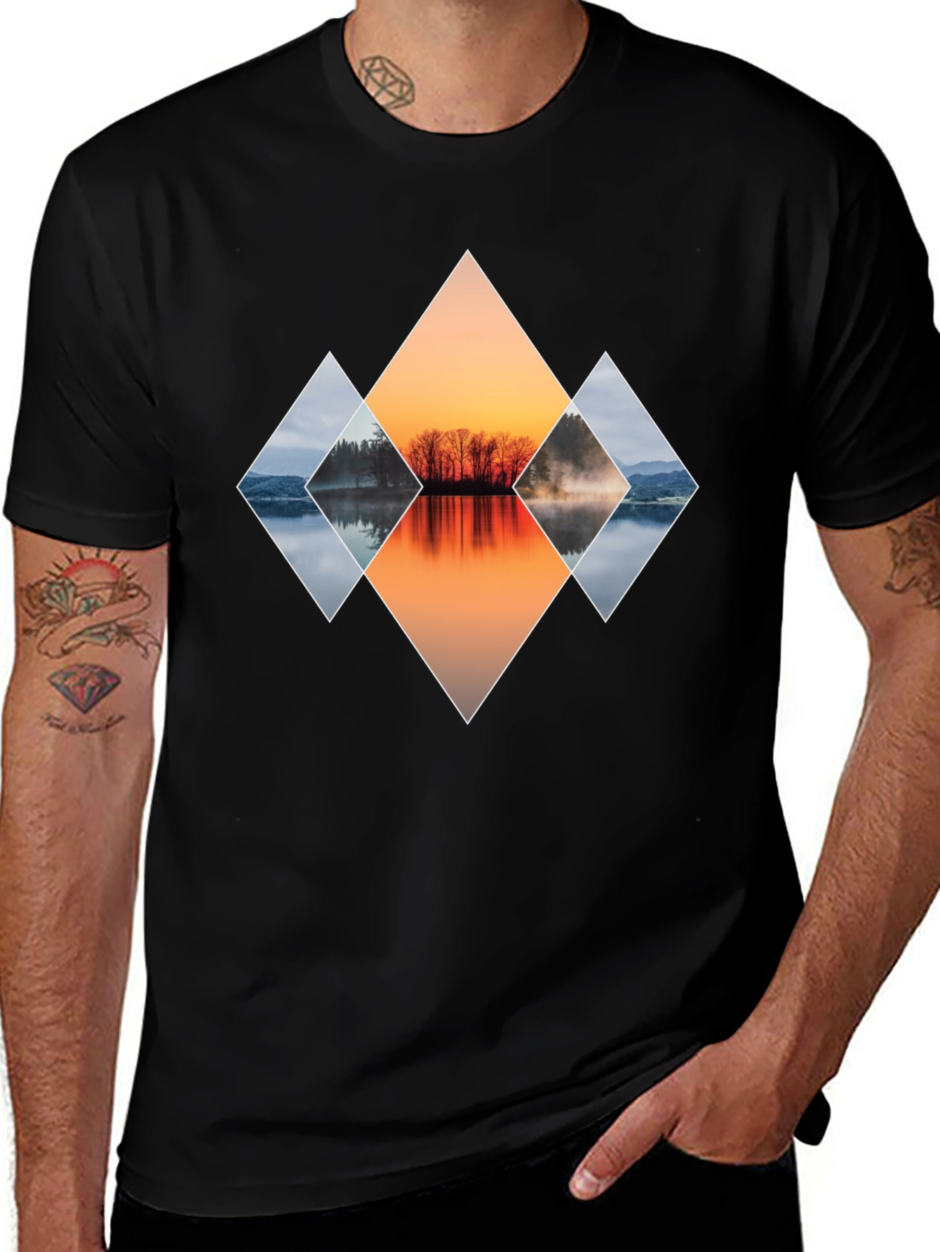 Geometric Sunset Lake Graphic T-Shirt