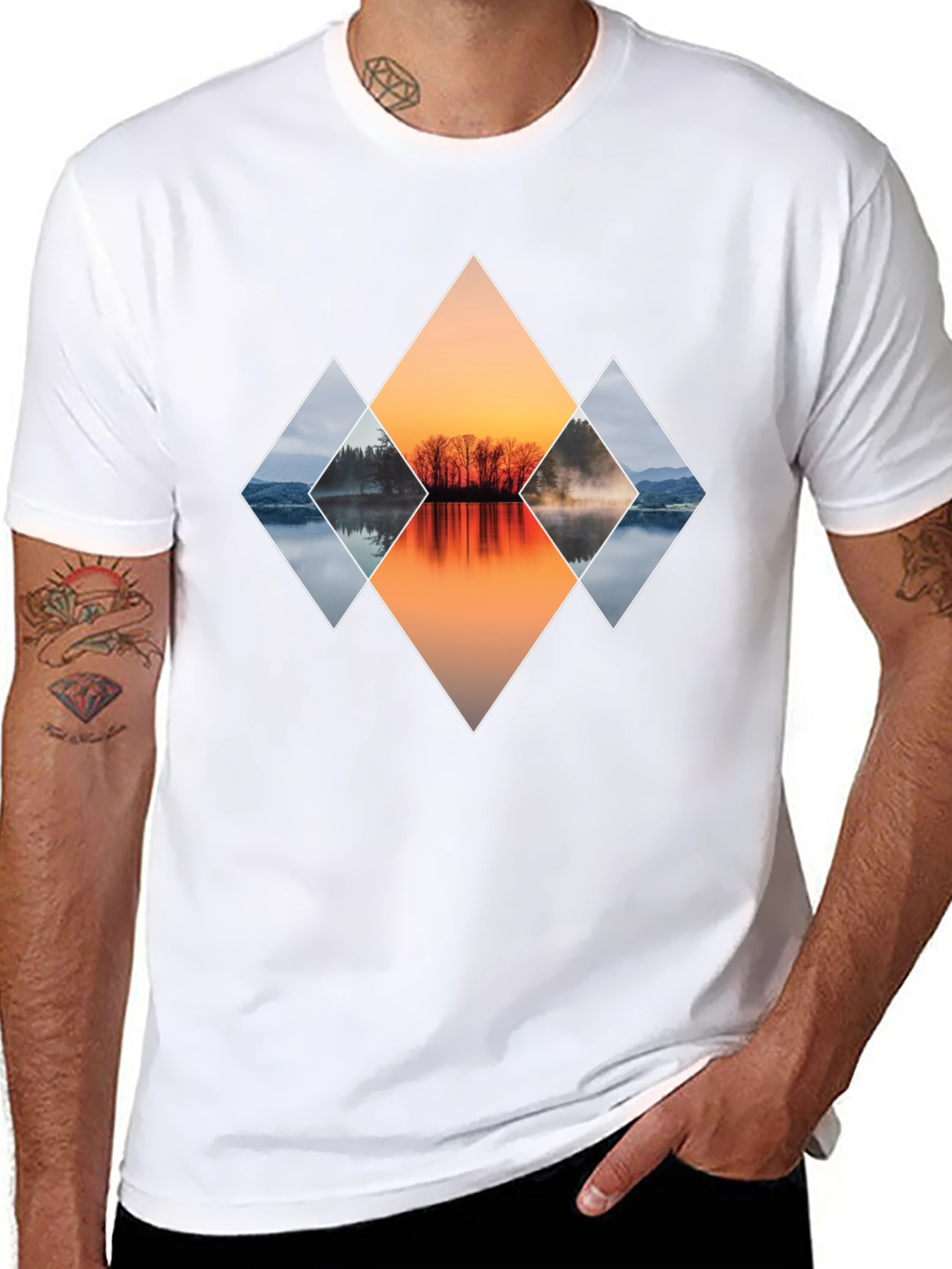 Geometric Sunset Lake Graphic T-Shirt