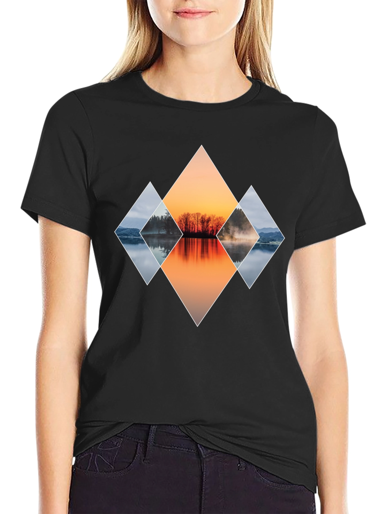 Geometric Sunset Lake Graphic T-Shirt