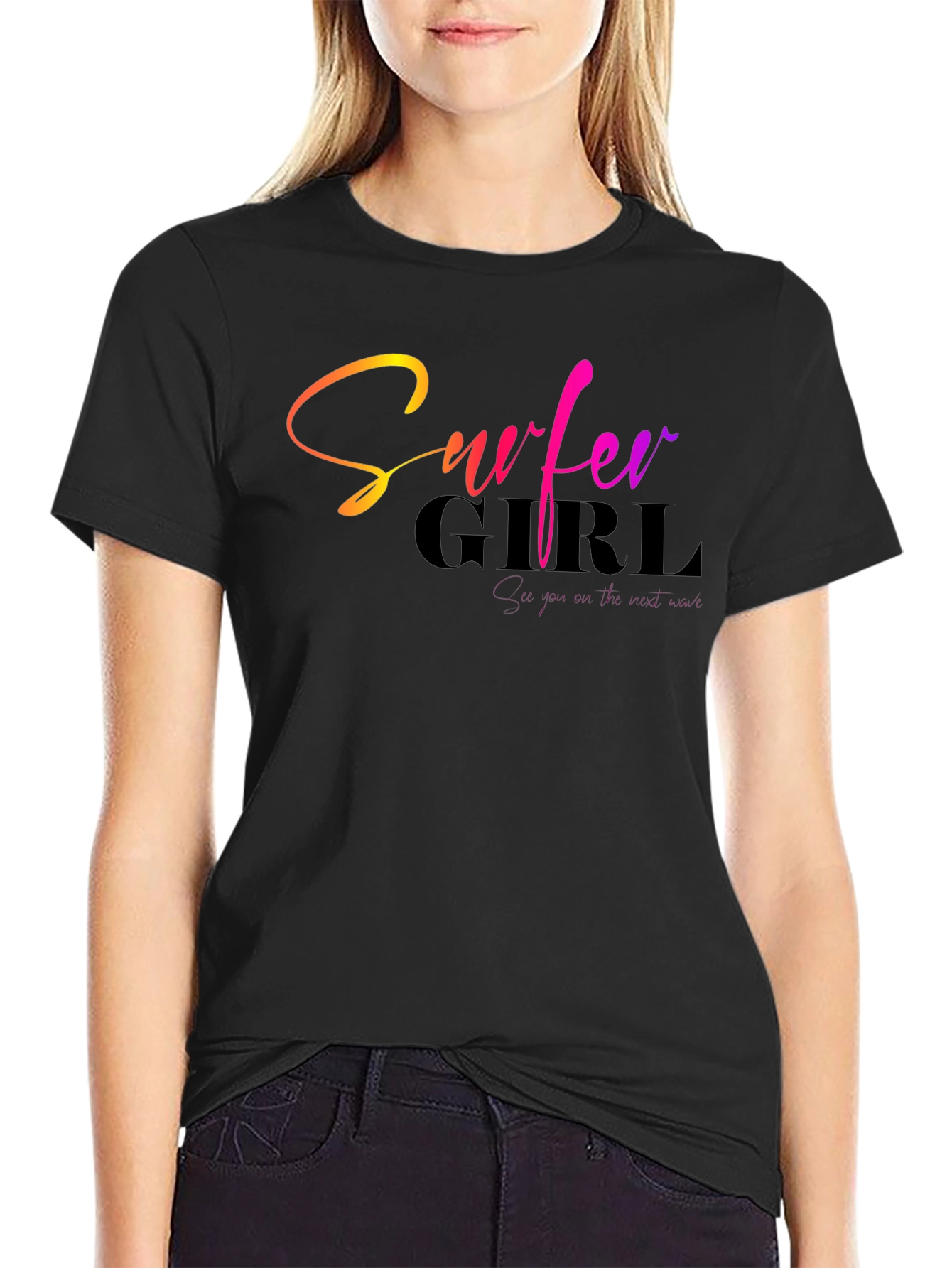 Surfer Girl Gradient Text Black T-Shirt