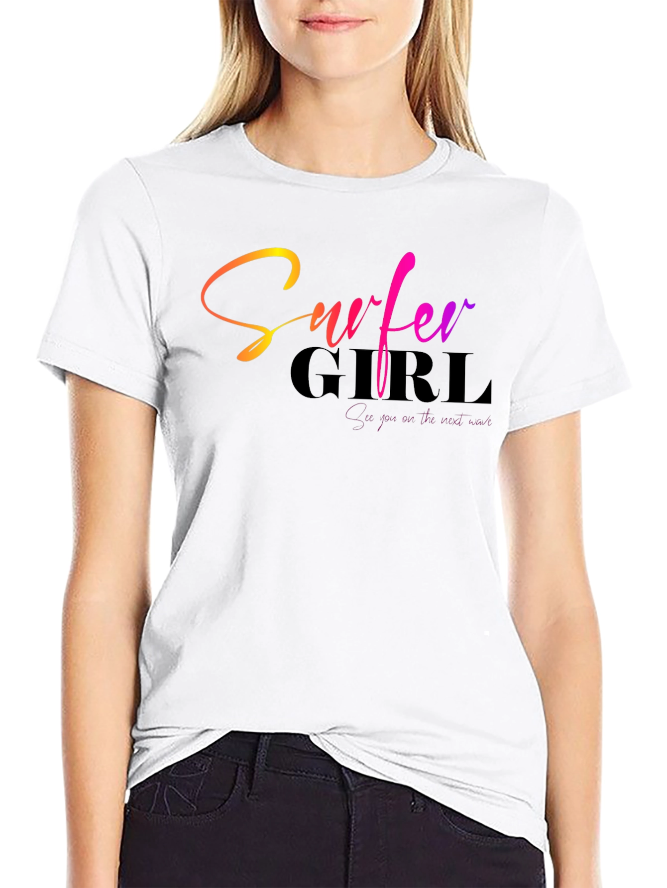 Surfer Girl Gradient Text Black T-Shirt