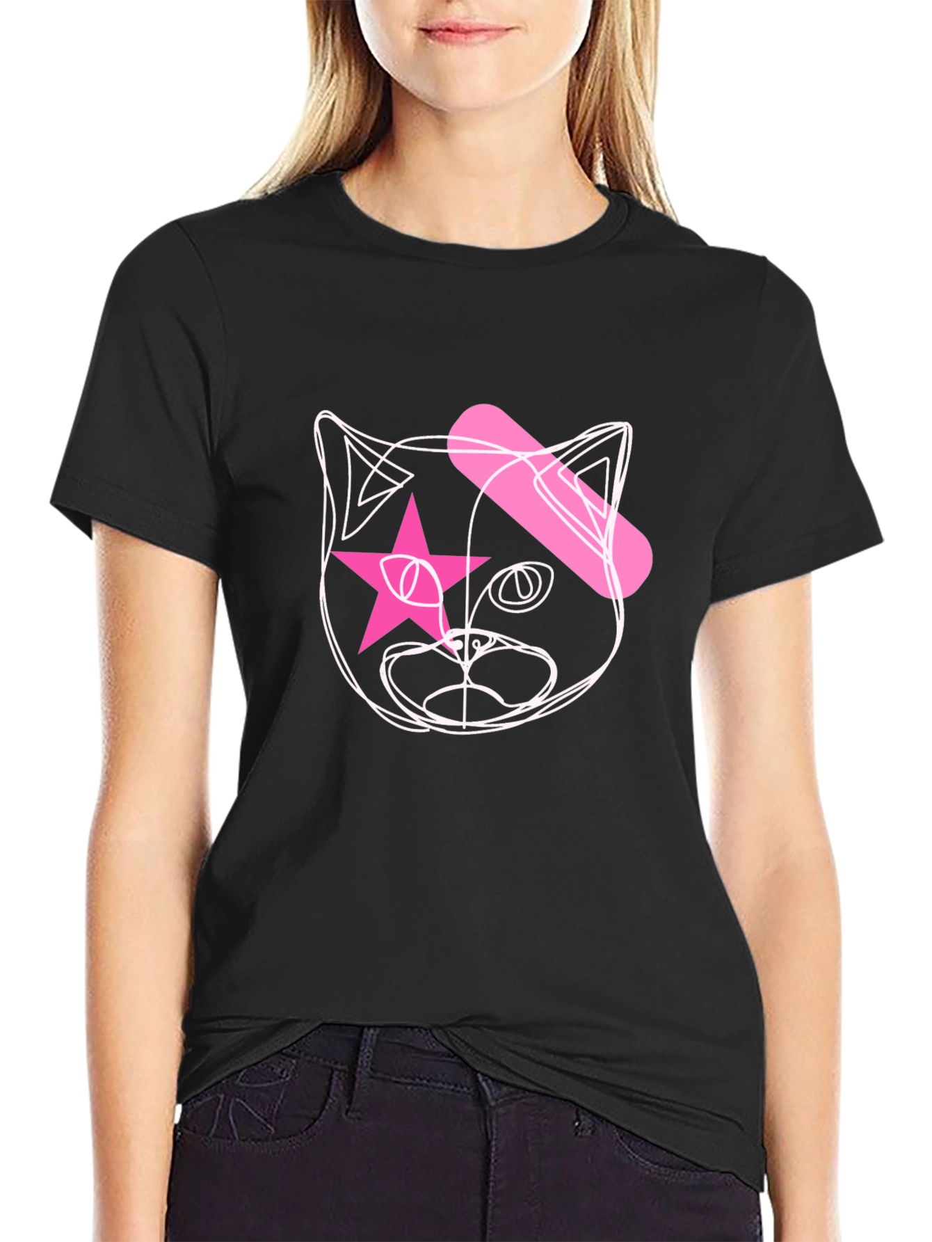 Cool Cat Star Eye Graphic Black T-Shirt