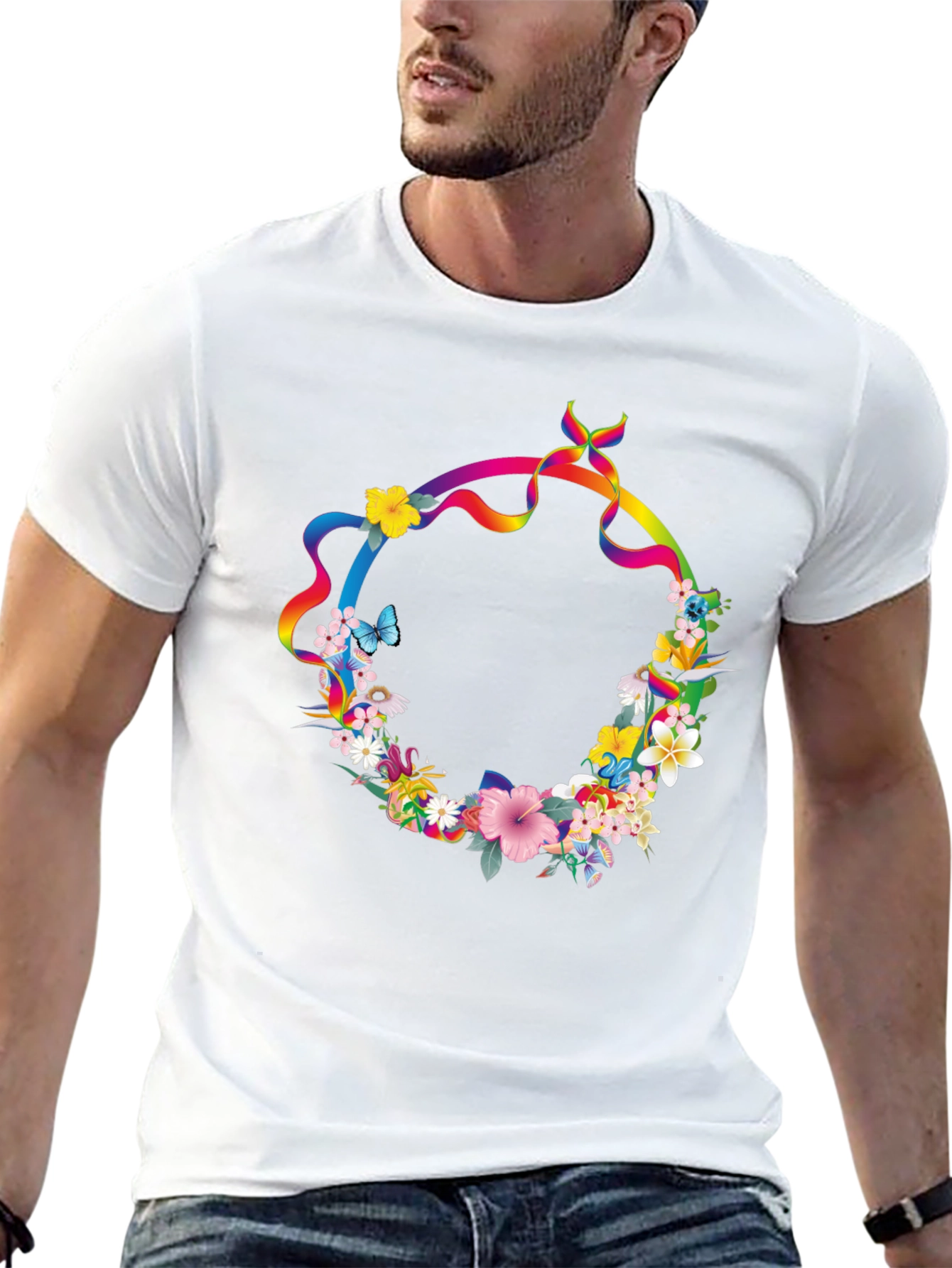 Floral Rainbow Ribbon Wreath Black T-Shirt