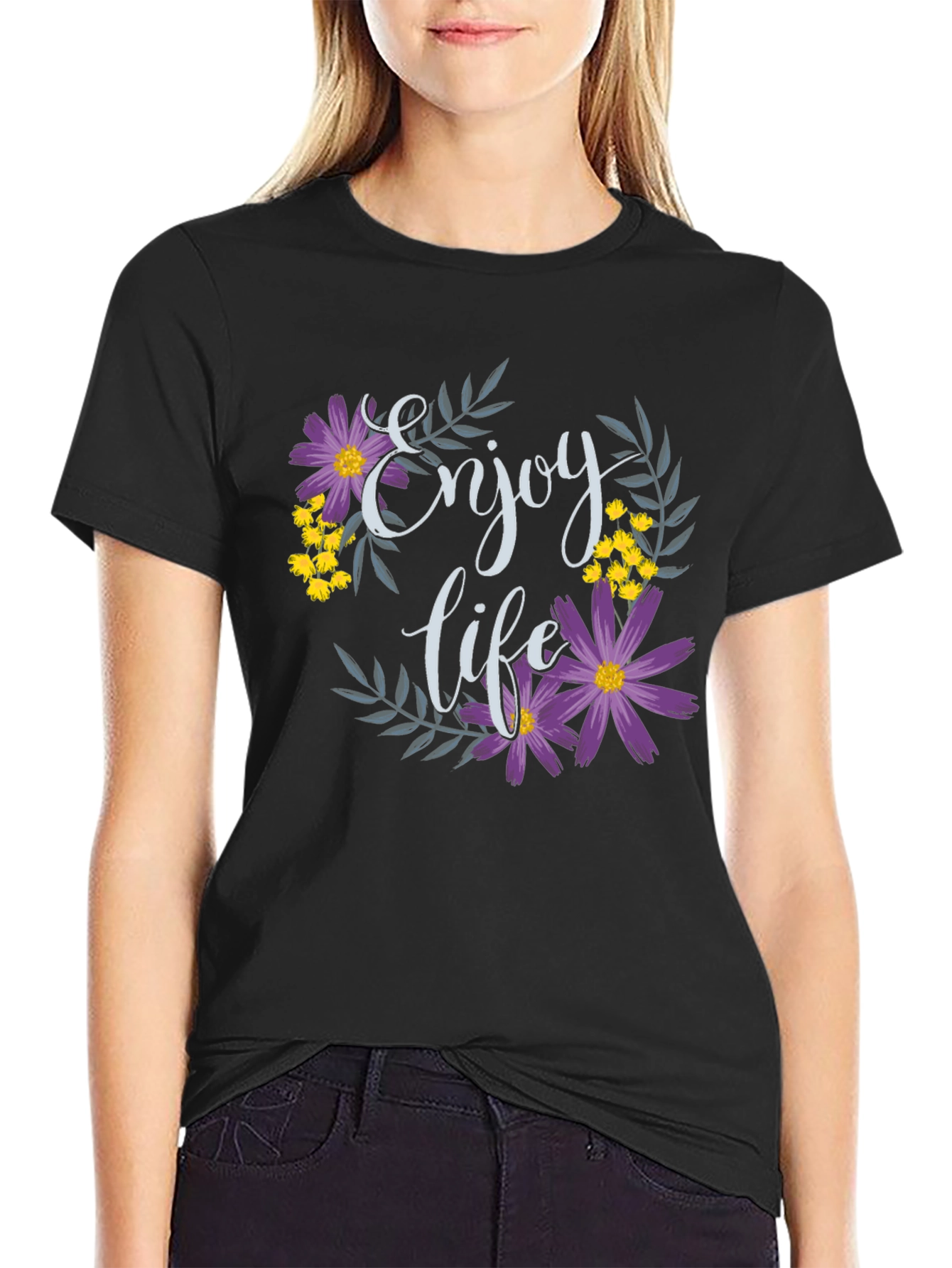 Enjoy Life Floral Graphic T-Shirt - Black