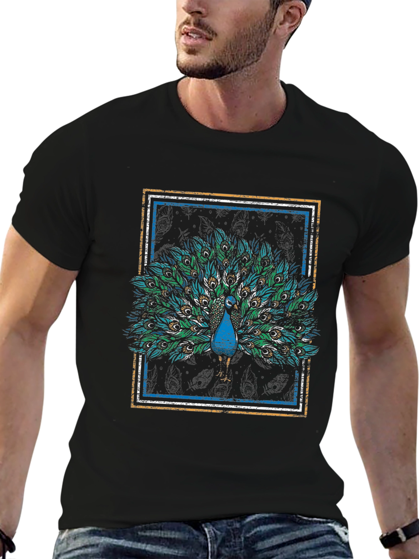 Peacock Graphic Tee - Stylish Mens Black T-Shirt