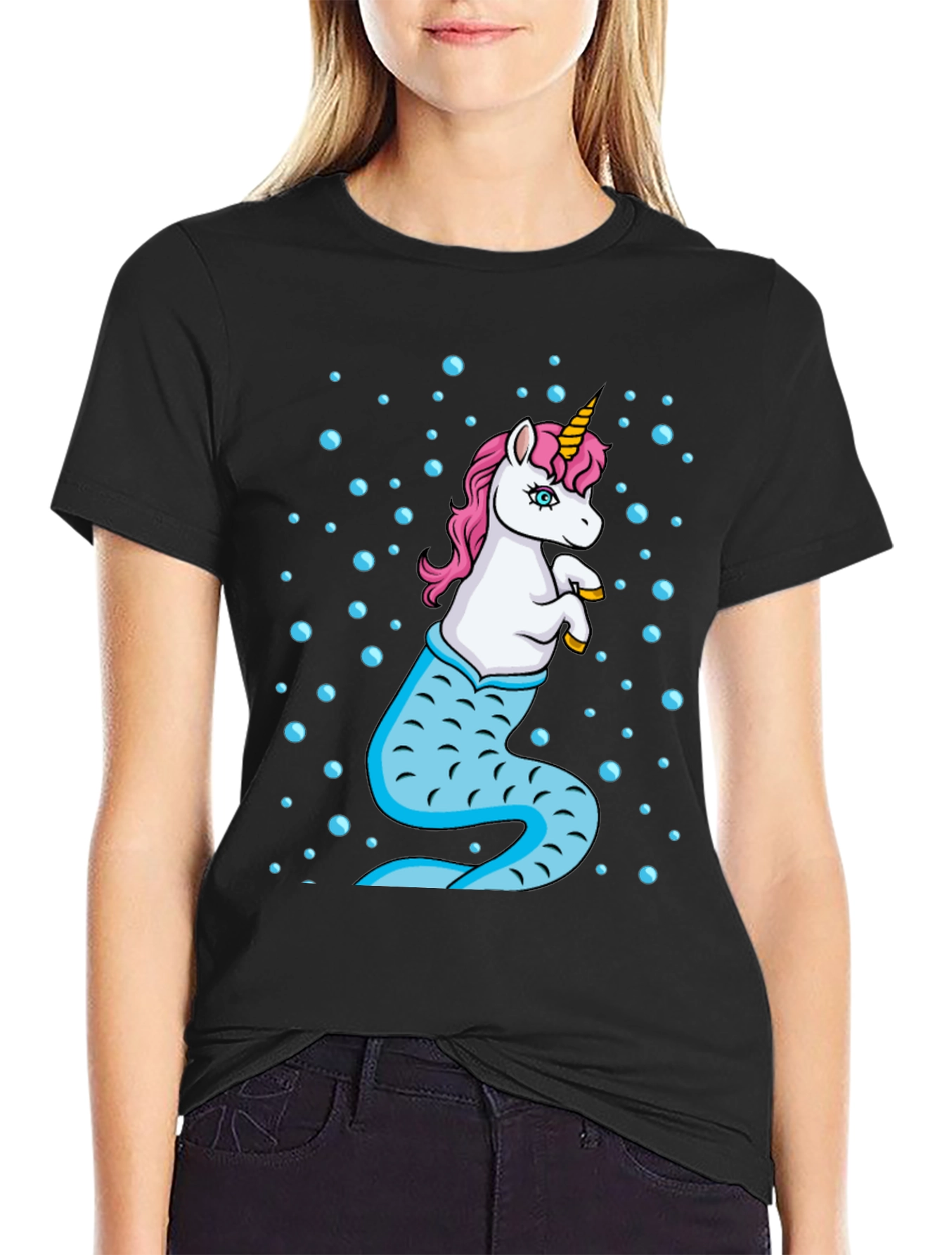 Unicorn Mermaid Mens Black T-Shirt