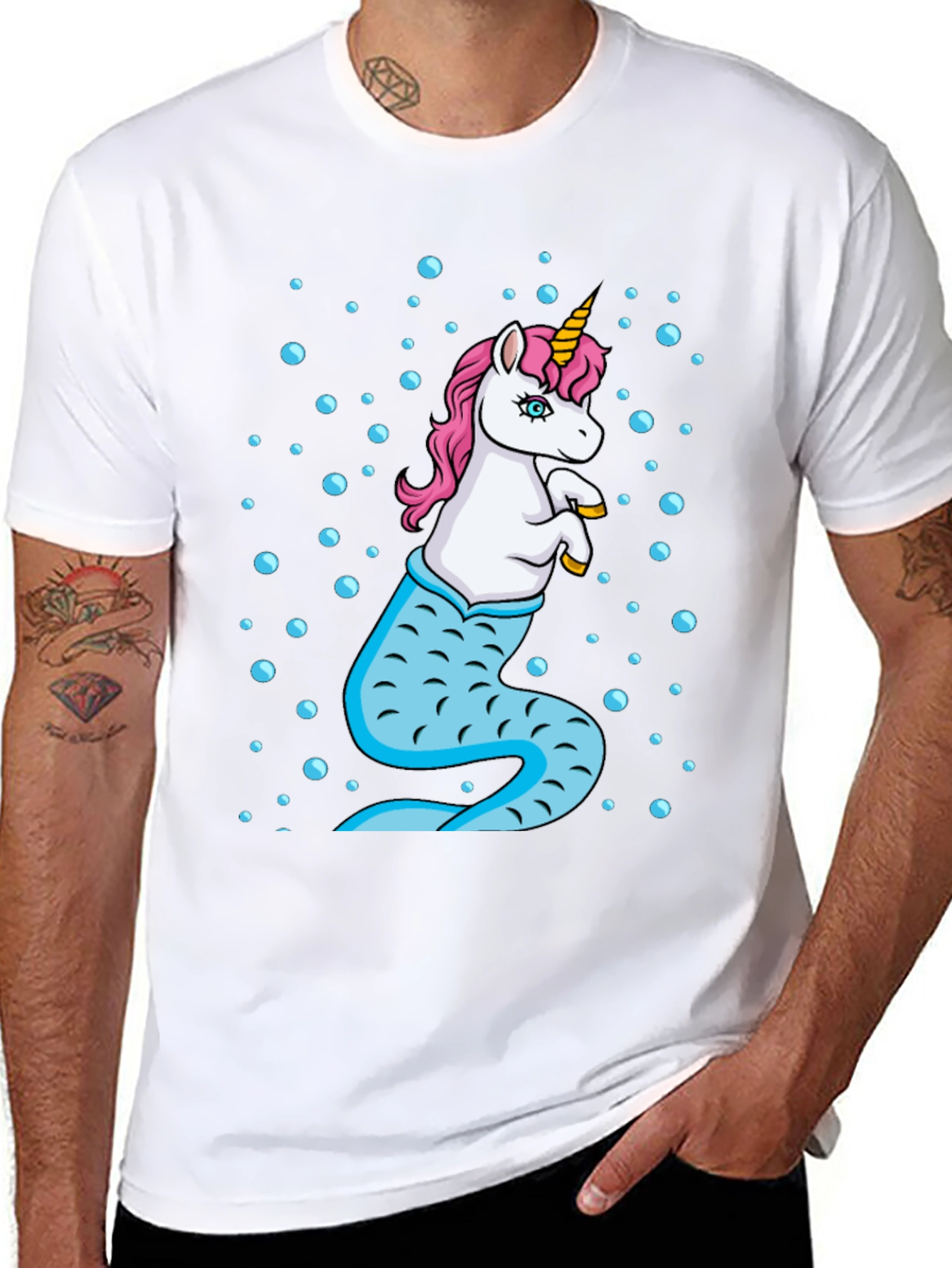 Unicorn Mermaid Mens Black T-Shirt