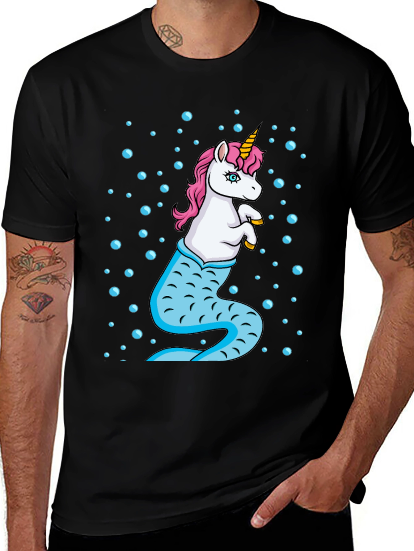 Unicorn Mermaid Mens Black T-Shirt