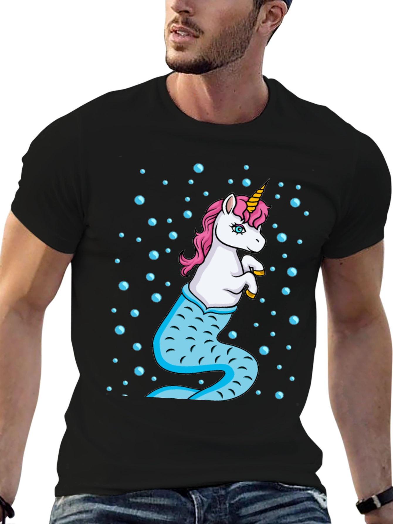 Unicorn Mermaid Mens Black T-Shirt