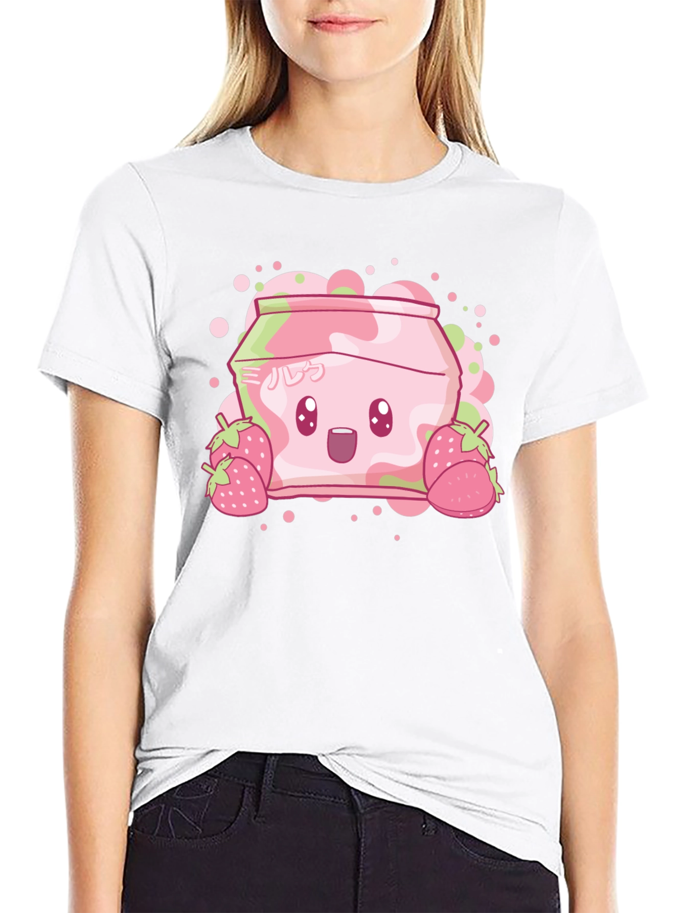 Cute Strawberry Milk Cartoon Graphic T-Shirt