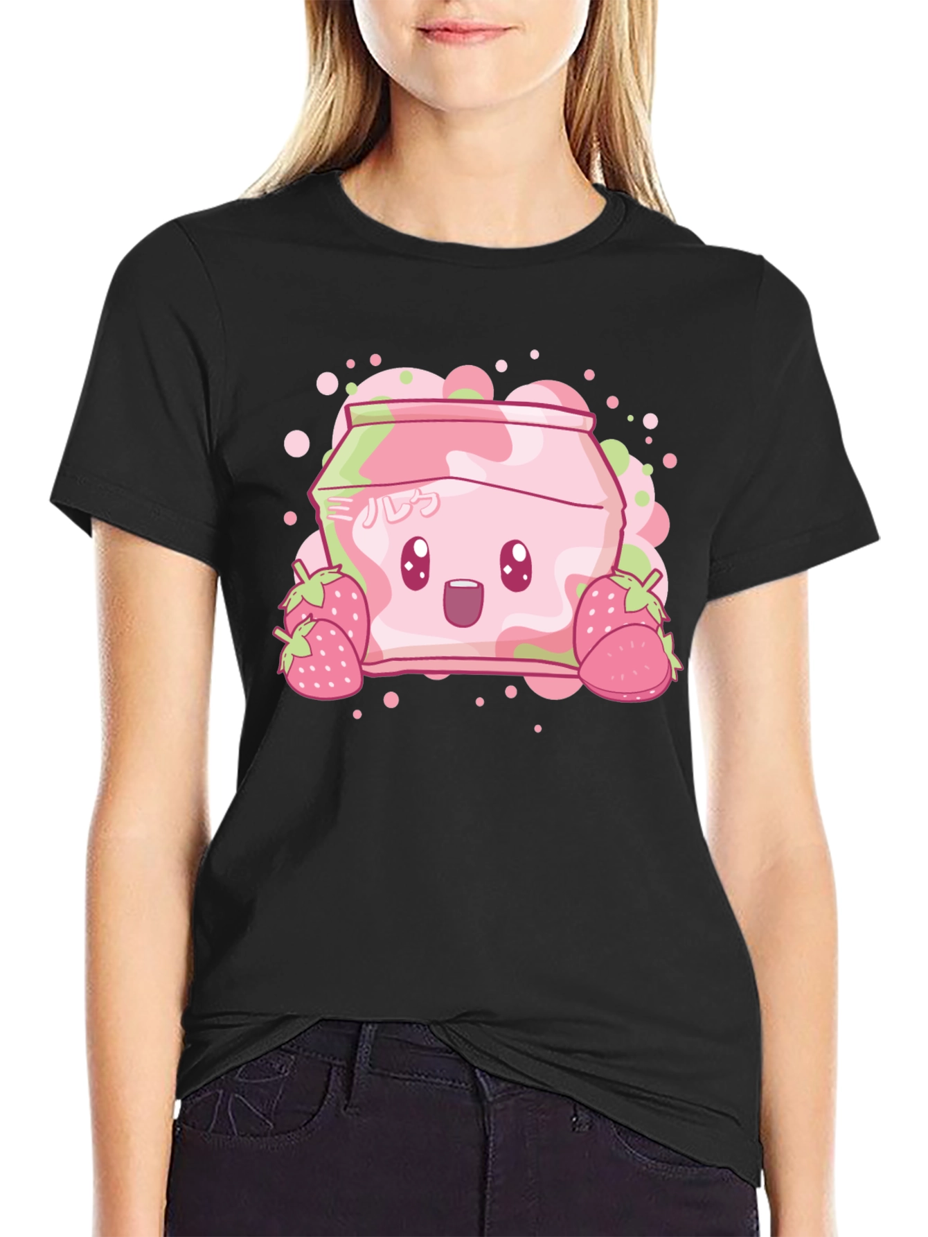Cute Strawberry Milk Cartoon Graphic T-Shirt