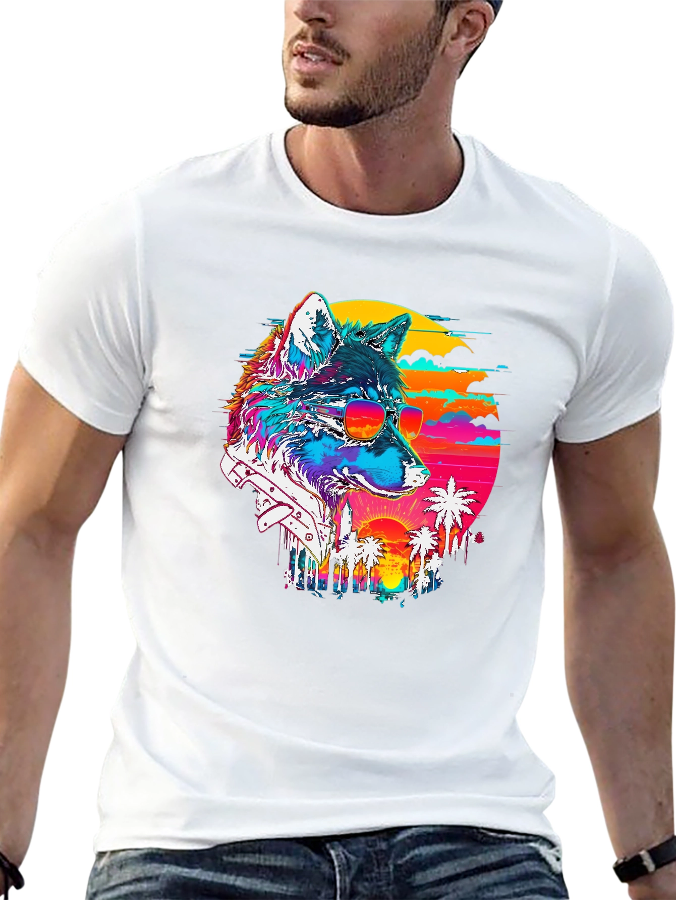Retro Wolf Graphic Tee - Sunset Vibes