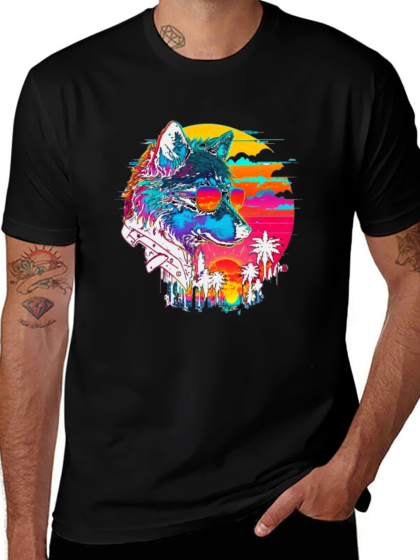Retro Wolf Graphic Tee - Sunset Vibes