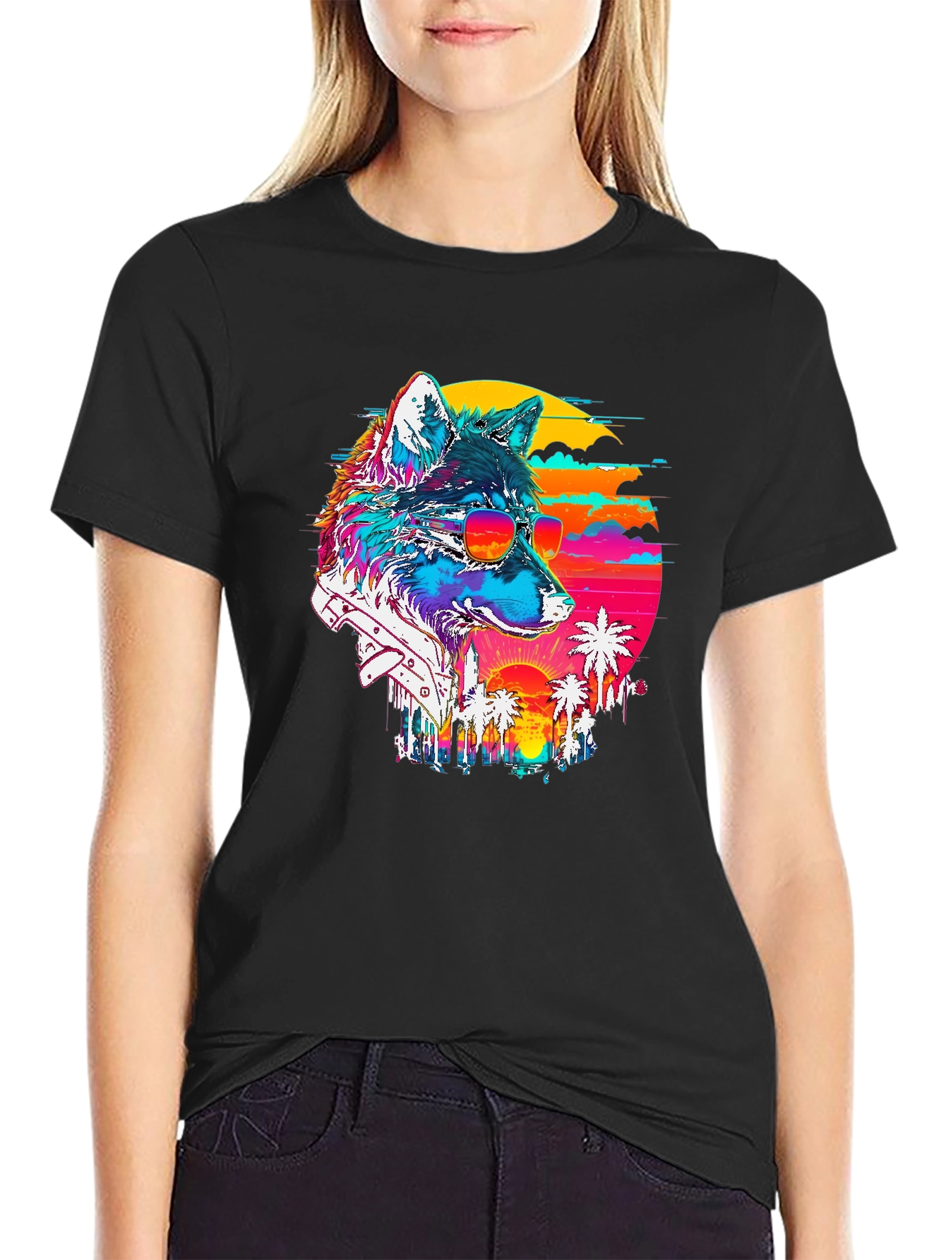 Retro Wolf Graphic Tee - Sunset Vibes