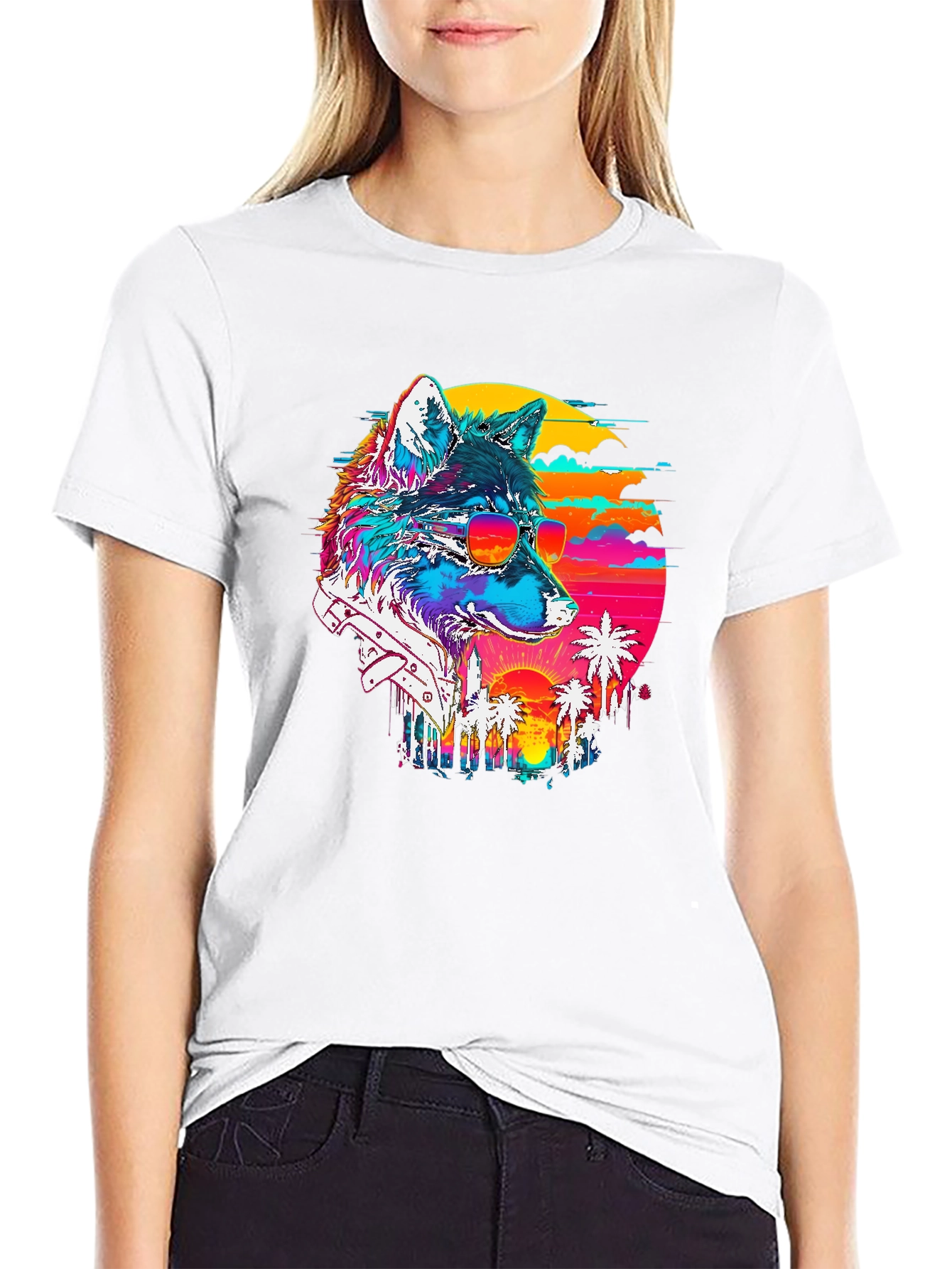Retro Wolf Graphic Tee - Sunset Vibes