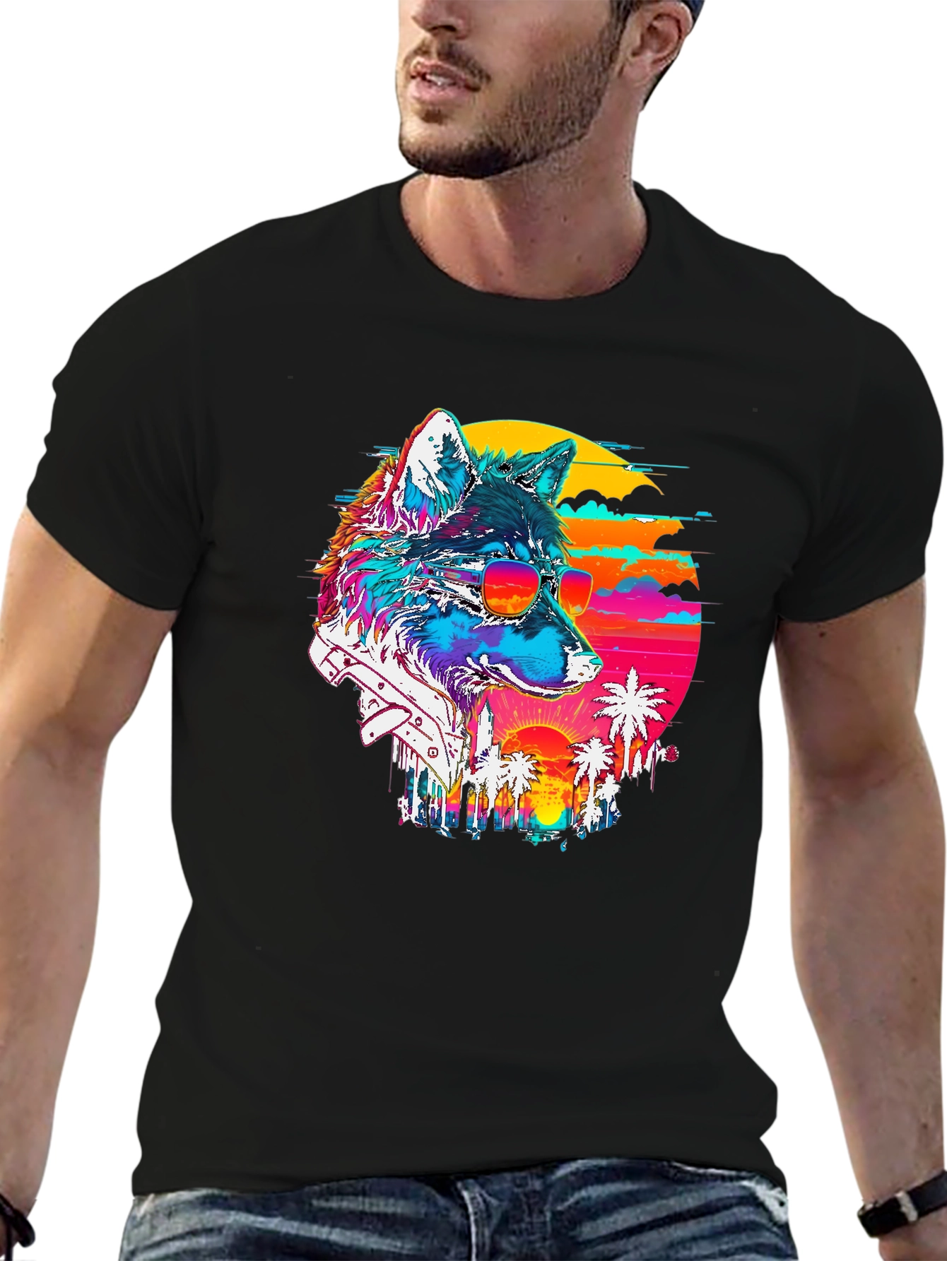 Retro Wolf Graphic Tee - Sunset Vibes