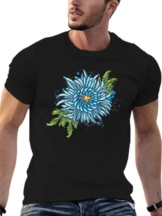 Blue Chrysanthemum Graphic Print Black T-Shirt