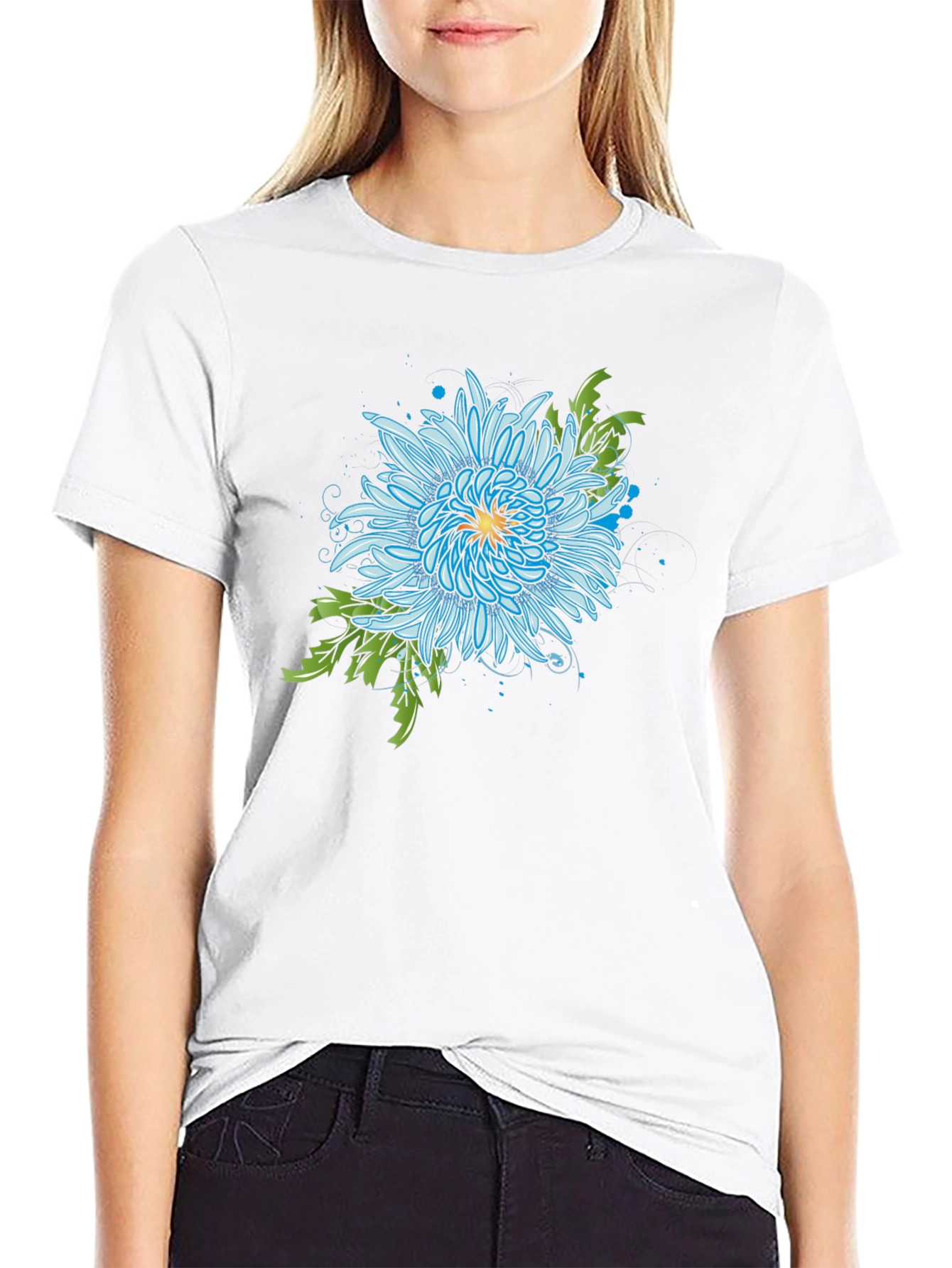 Blue Chrysanthemum Graphic Print Black T-Shirt