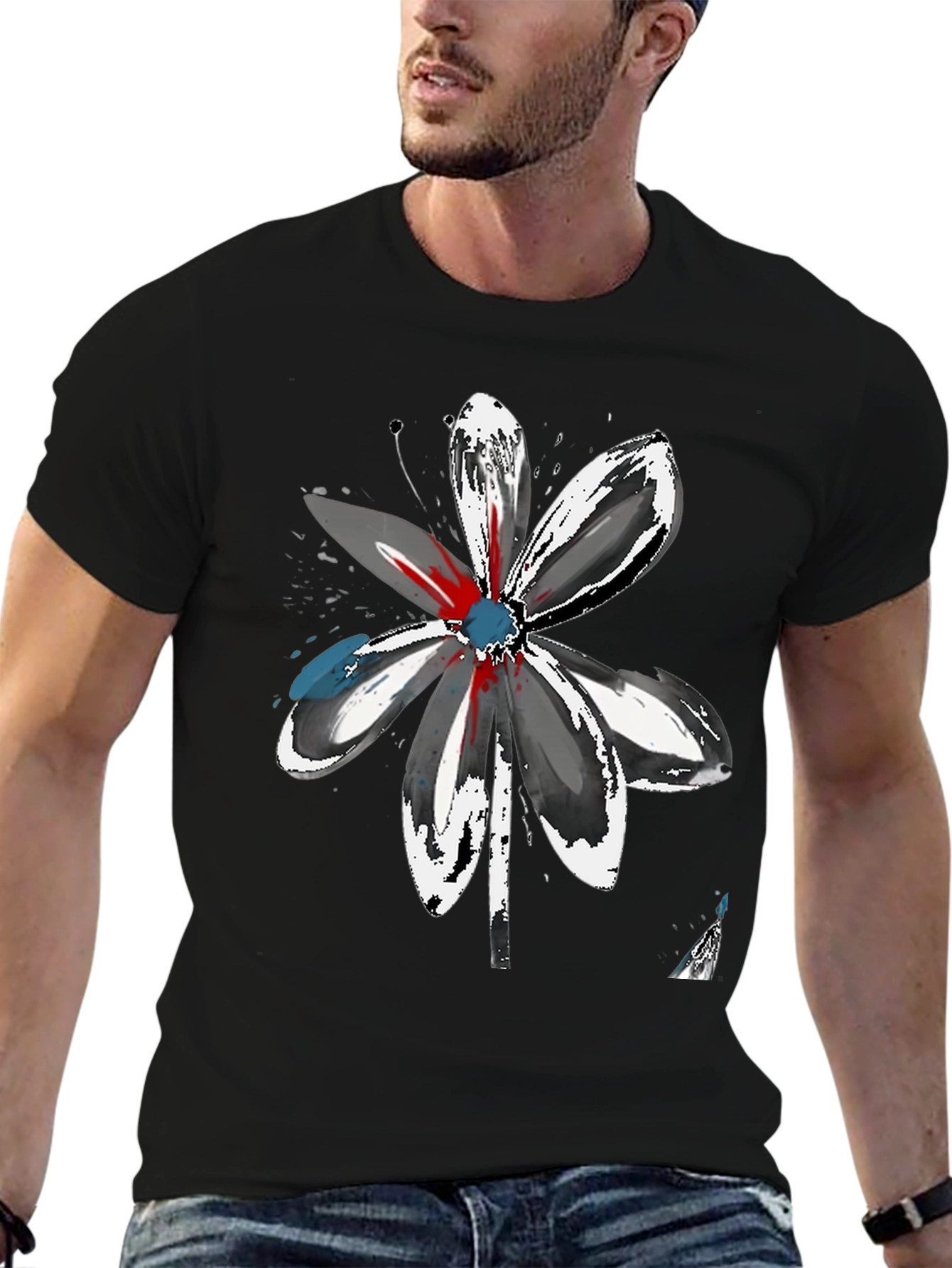 Abstract Flower Graphic Tee - Artistic Black T-Shirt
