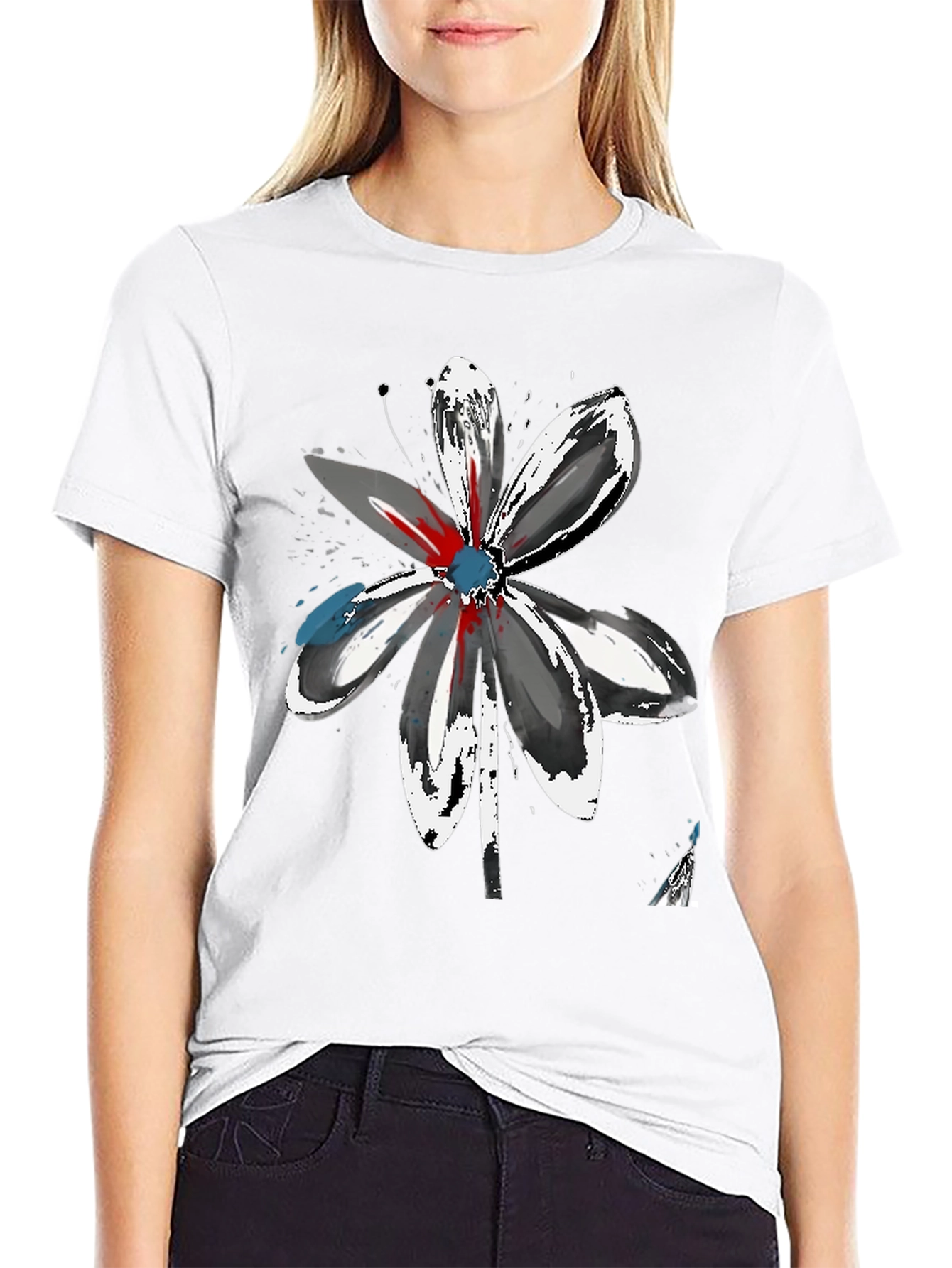 Abstract Flower Graphic Tee - Artistic Black T-Shirt