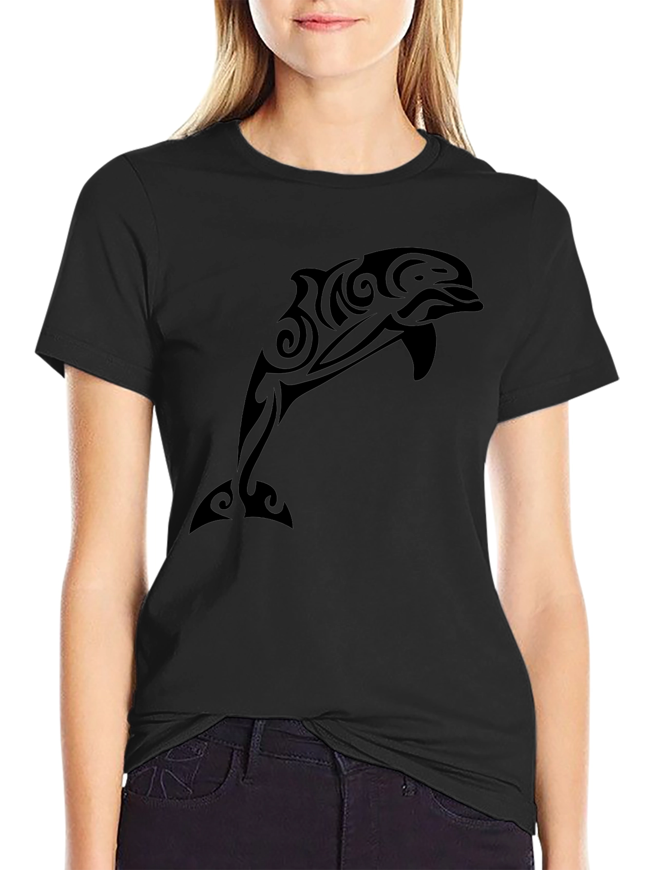 Tribal Dolphin Graphic Tee - Black Casual T-Shirt