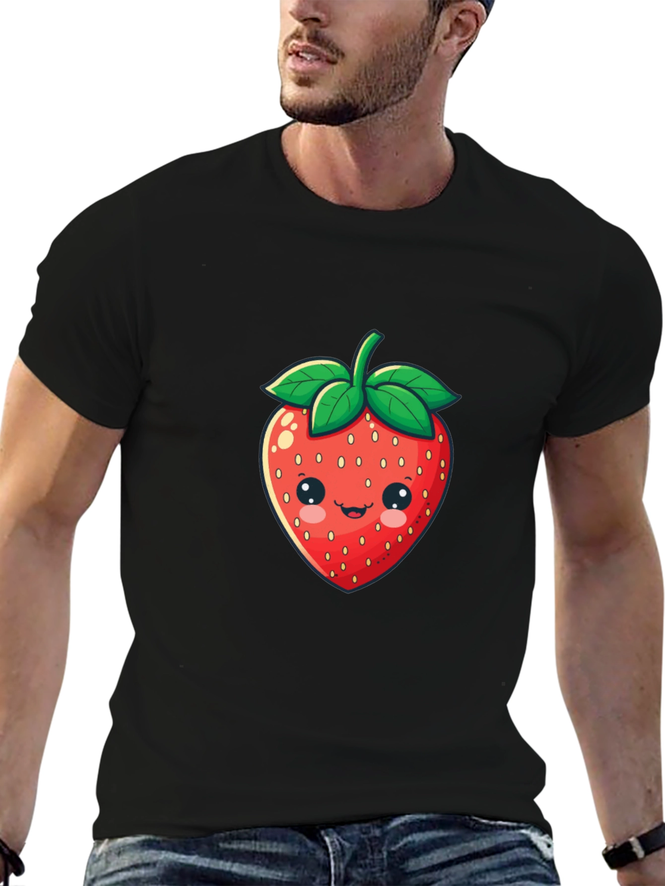 Cute Strawberry Graphic Print Black T-Shirt